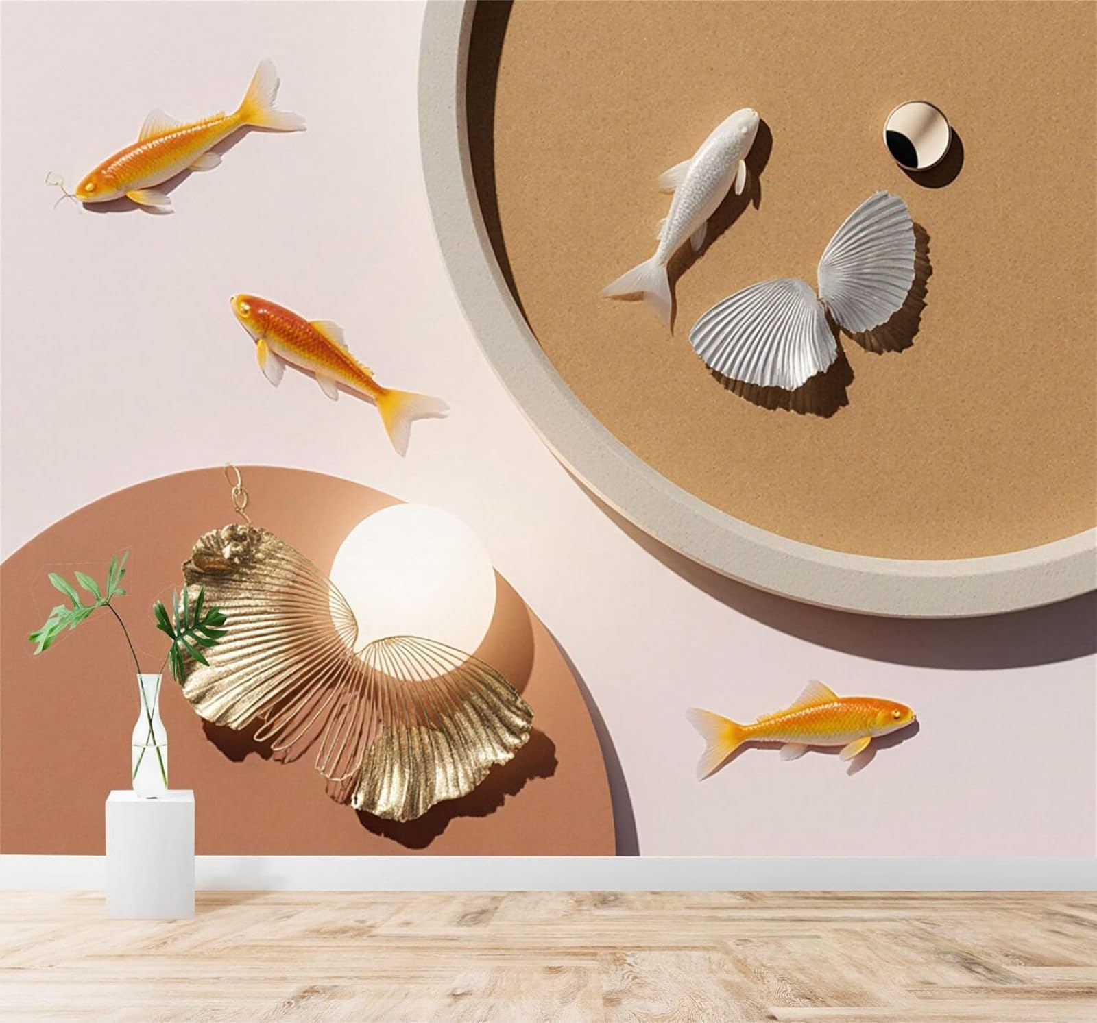 XLMING Gold White Fish Seashells Abstract Minimalist Art 3D Wallpaper Silky Texture Home Study Office Grey Dining Room Sofa Bedroom Living Room TV Backdrop-250cm×170cm