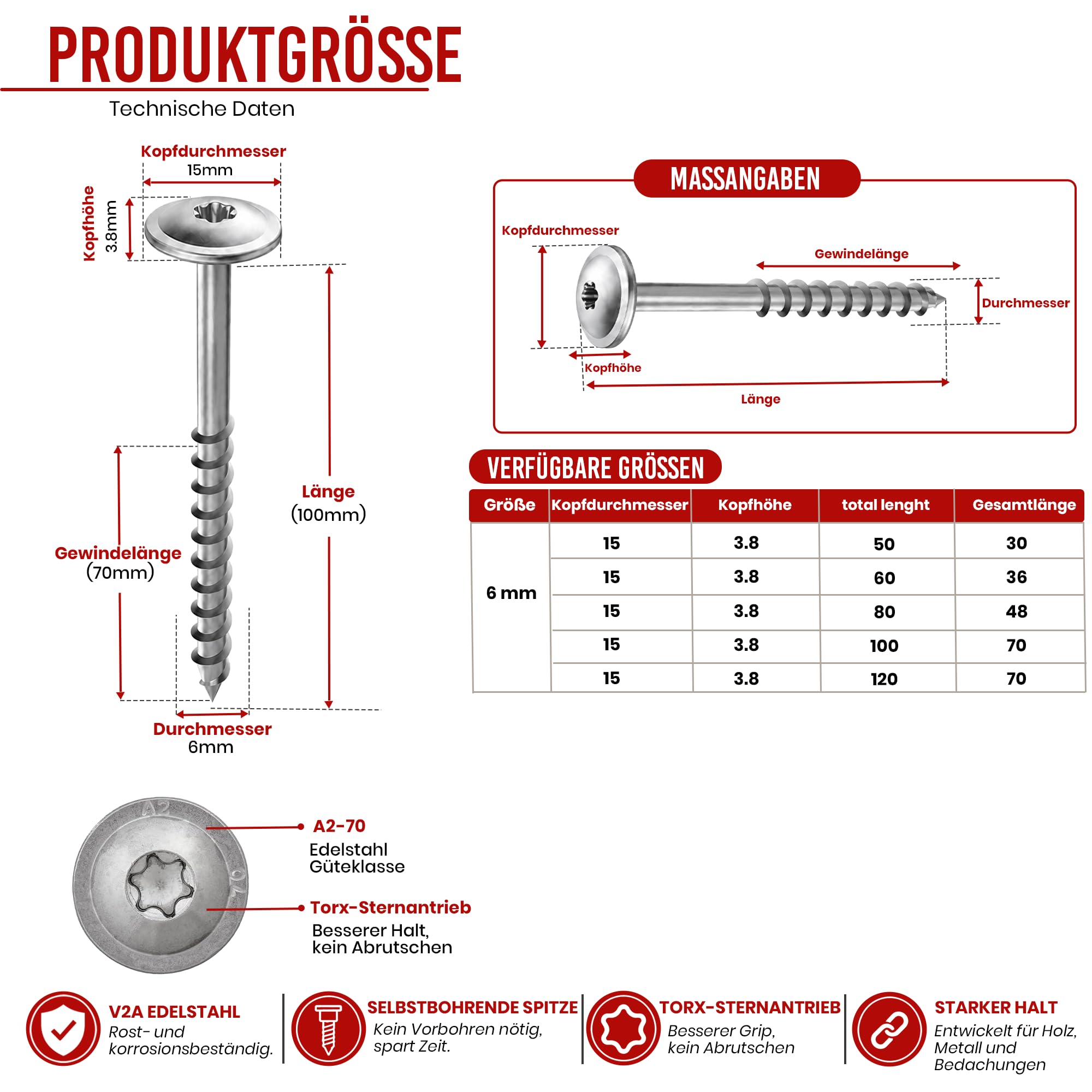 Tornillo de cabeza de disco de acero inoxidable A2 ETA 6 x 100 TX25 Torx V2A con punta de corte, revestimiento deslizante para construcción de madera, garaje, balcón, puente, 200 unidades