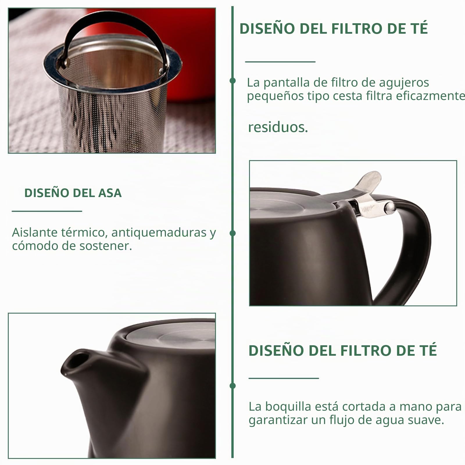 Tetera con colador, 500 ml, tetera de cerámica negra, olla de té de porcelana, accesorios para té suelto, aislada y sin goteo, calor duradero