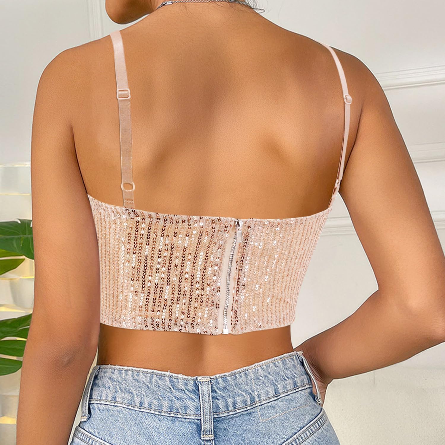 Vimoisa Women Reflective Metallic Tank Top Bustier Spaghetti Strap Crop Top Tight Sleeveless Tube Top Vest Blouse - Image 5