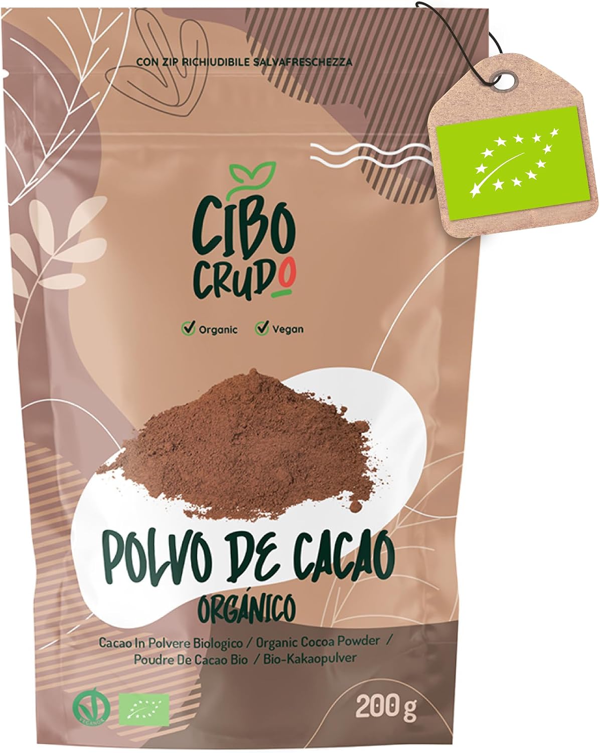 Cacao amargo en polvo orgánico natural, 200 g