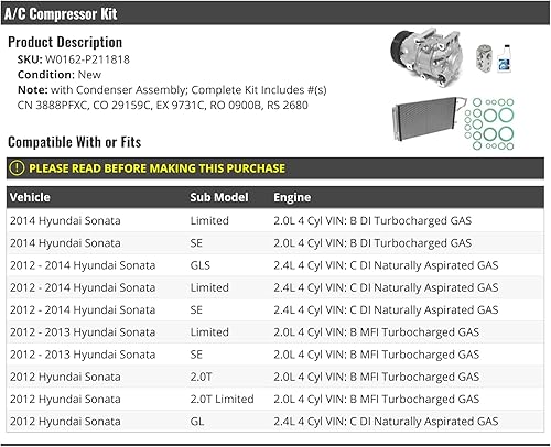 Kit de compresor de A/C con condensador, compatible con Hyundai Sonata 2012-2014 de 4 cilindros