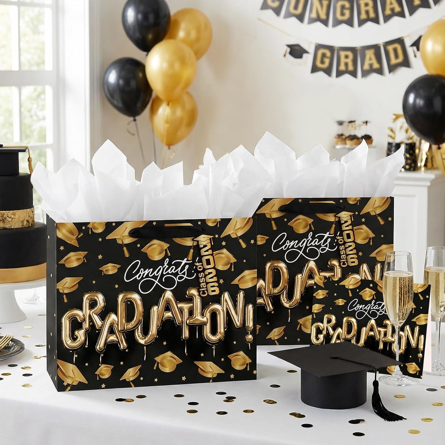 Loveinside 13" Large Graduation Gift Bag, Black Gold Congrats Graduation Balloon Letter Design Gift Bag with Tissue Paper, Elegant Party Bag for High School College Graduates, 13" x 5" x 10", 1 Pcs - Image 4