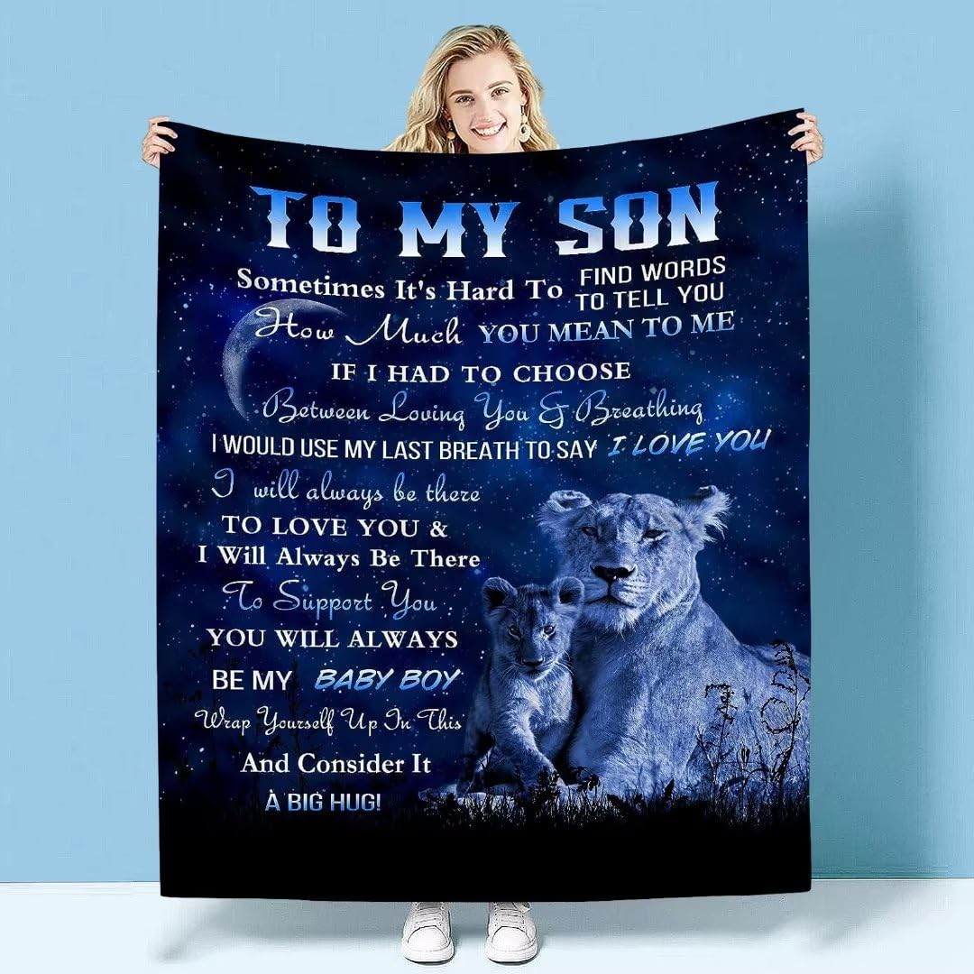 Son Gifts from Mum Dad, Lion Blanket to My Son, Personalised Fleece Blanket Gifts to My Son, Birthday Christmas Wedding Anniversary Graduation Gifts for Son Bed Blanket Throw - 130x150cm