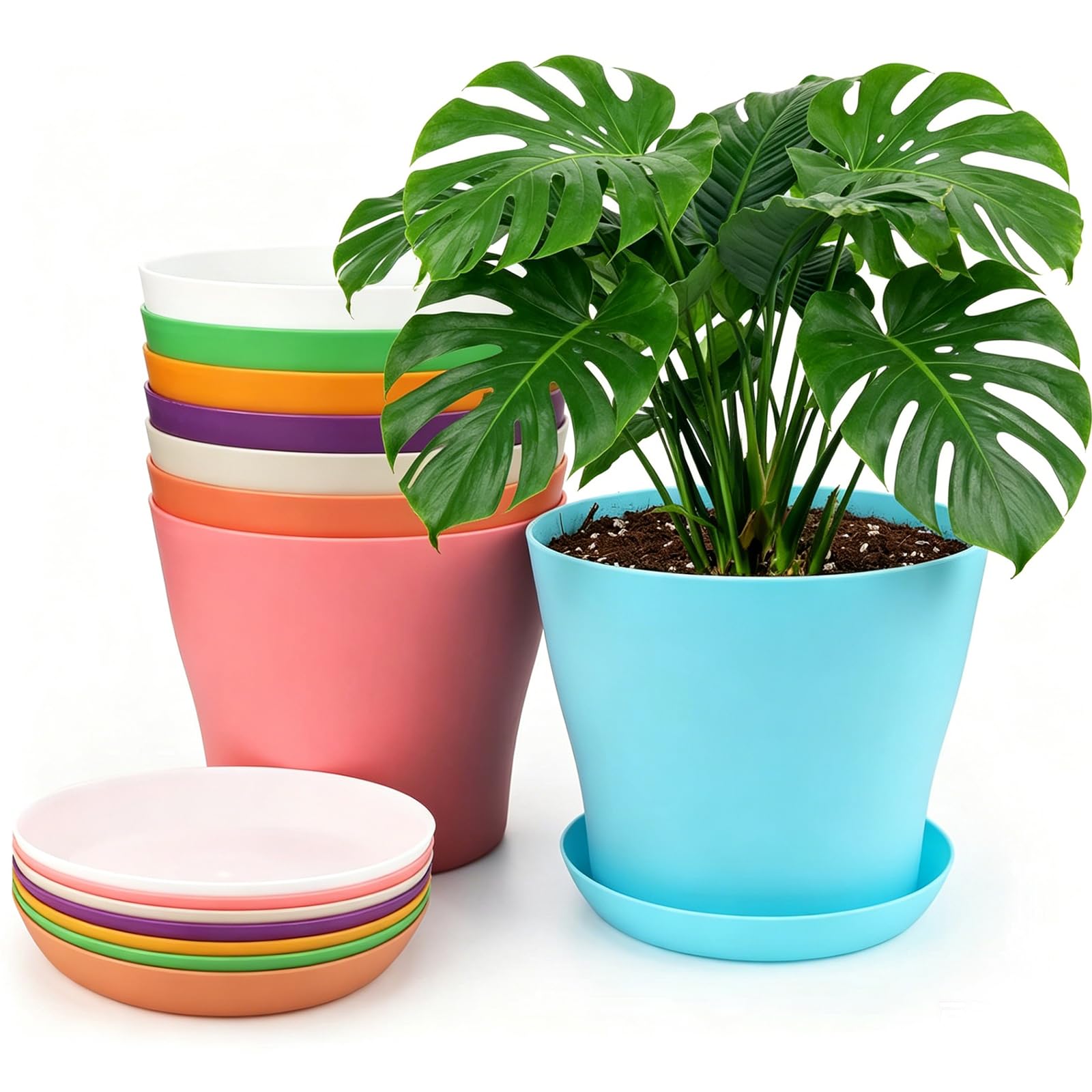 PUHTUOY Plastic Plant Pots 8 Pack, 16cm Flower Pots with Drainage Holes and Trays, Colourful Indoor Outdoor Planters for House Plants, Herbs,Succulents and Seedlings 8 Colors (16cm)