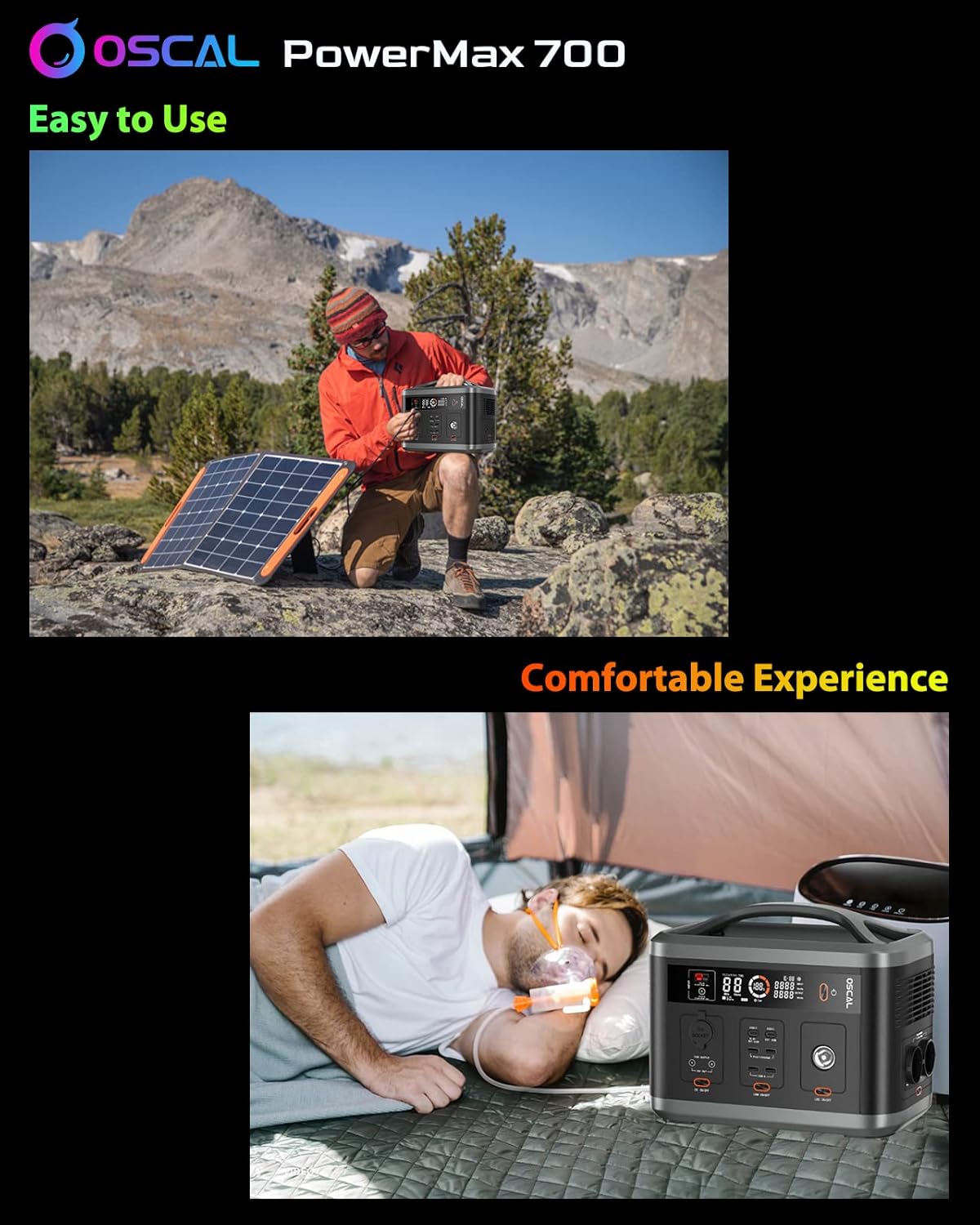 OSCAL PowerMax 700 charging multiple devices including a camera, drone, smartphone, and game console.