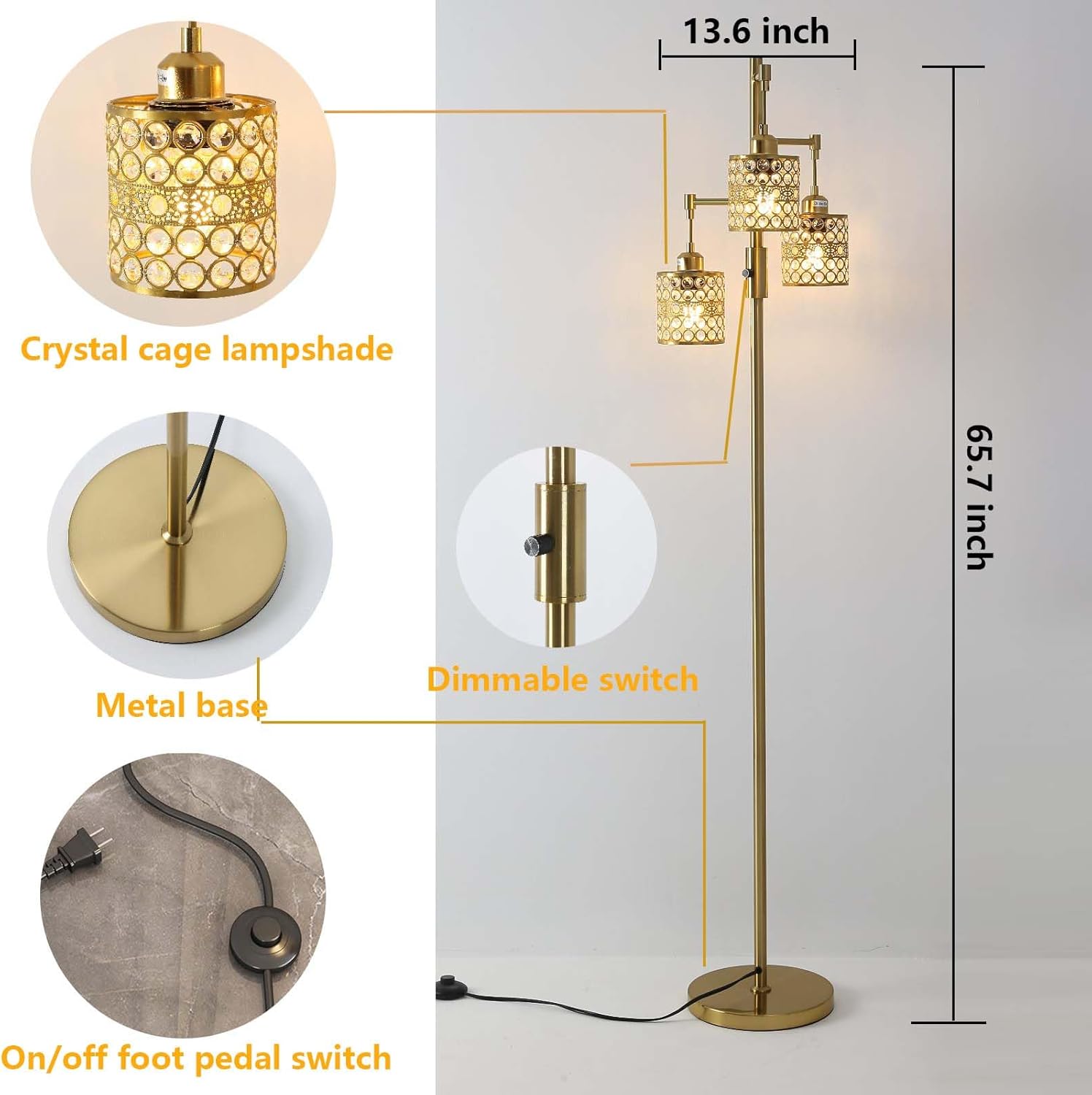 Industrial Floor Lamp,Dimmable Floor Lamp,Gold Tree Lamp Standing Lamp Tall Pole Lamps with 3 Elegant Crystal lampshades for Living Room Bedroom Office, Indoor