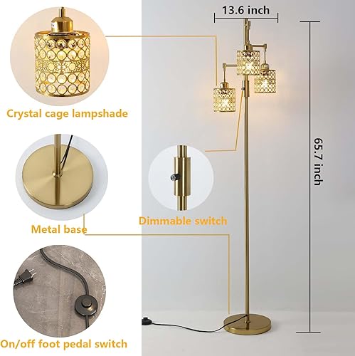 Miniatura 5 de Lámpara de pie industrial, lámpara de pie regulable, lámpara de árbol dorado, lámpara de pie con 3 elegantes pantallas de cristal para sala