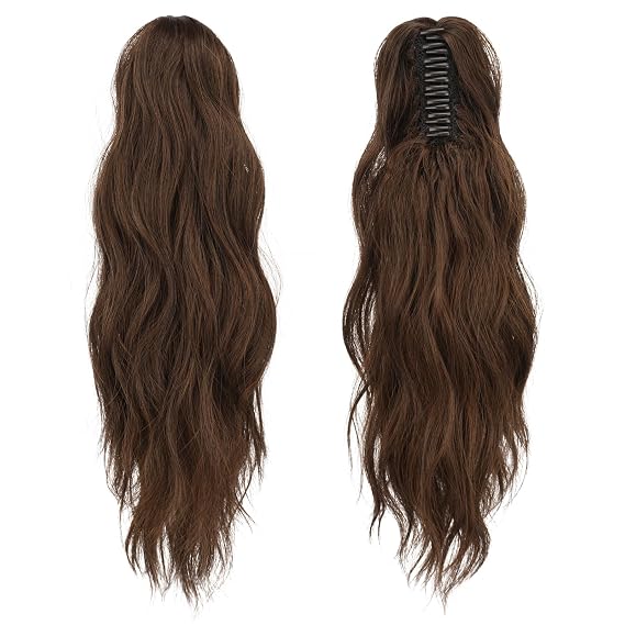 FESHFEN Ponytail Extensions, Long Claw Clip in Ponytail Hairpiece Synthetic Pony Tails Hair Piece Natural Wavy Hairpieces for Women, 20 inch Brown & Light Auburn Mixed