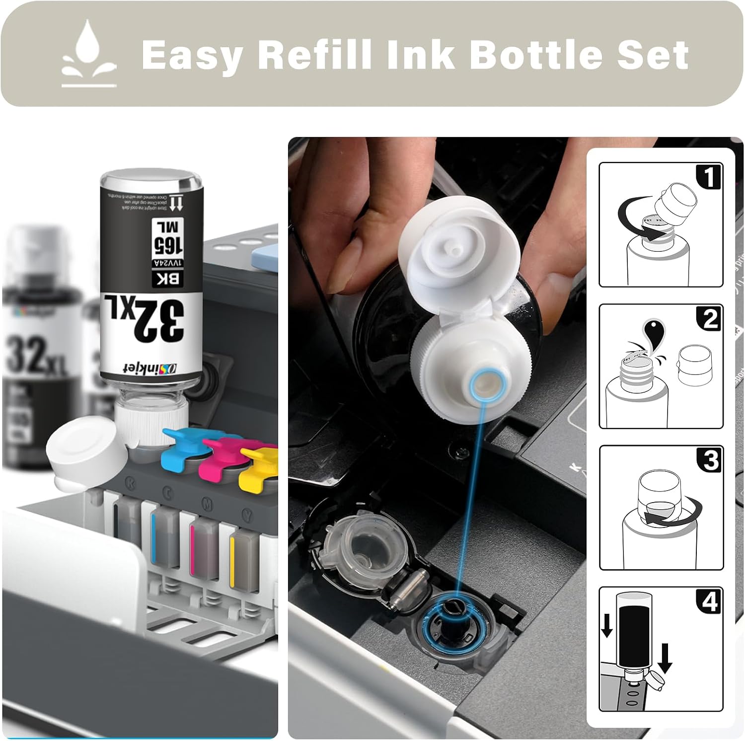 32XL Black Ink Bottle Compatible for HP Smart Tank 7602 5101 6001 7301 651 551 5000 580 Printer, 32 XL Ink Bottle Set for Smart Tank Plus 570 578 590 Ink Refill 2-Pack 165ml,1VV24AN