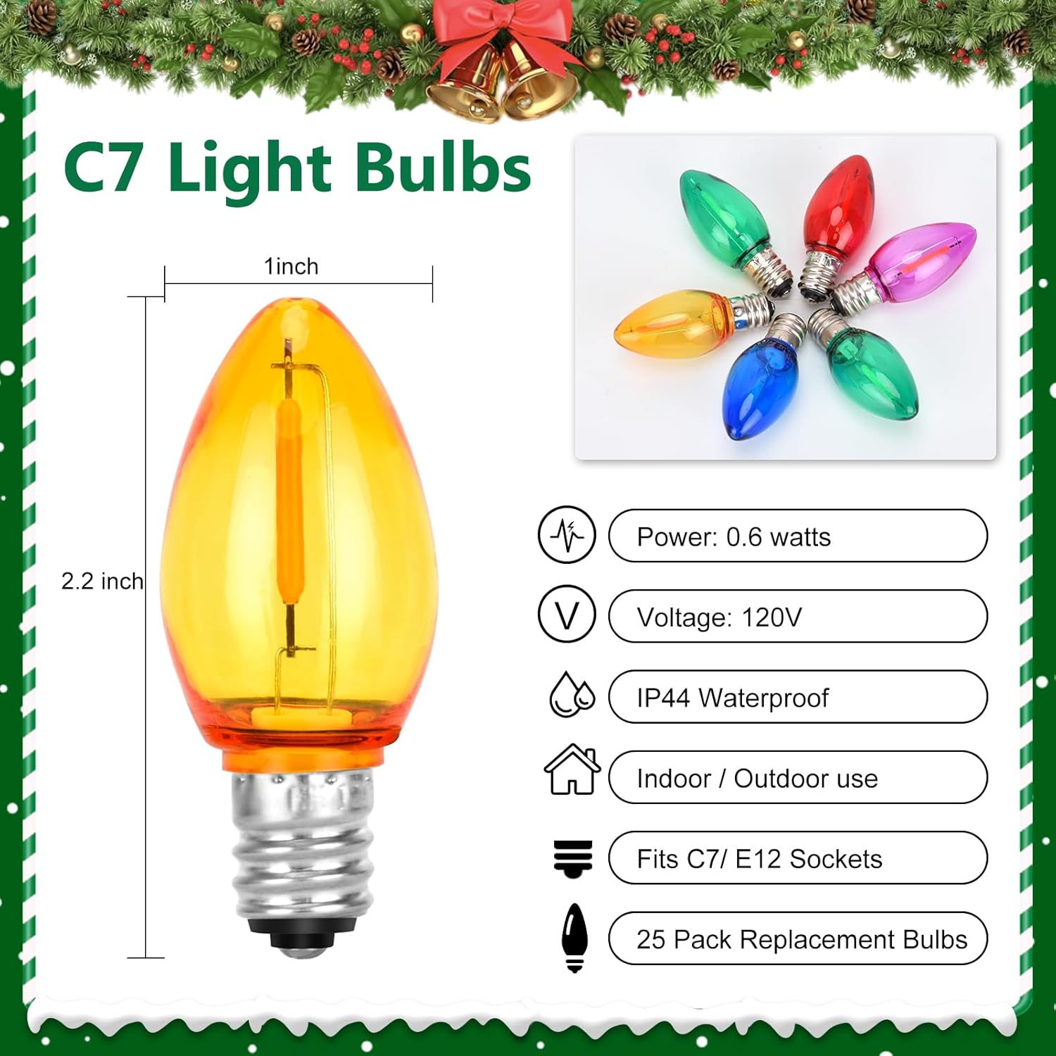 C7 Christmas LED Light Bulbs - 25 Pack C7 Clear Multicolor Replacement Bulbs - E12 Candelabra Base 0.6 Watt for Christmas String Lights Outdoor Indoor Decor