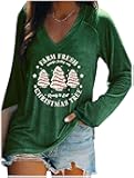 Christmas V Neck T Shirts for Women Christmas Tree Graphic Tshirts Long Sleeve Cute Tees Xmas Holiday Party Tops Outfits
