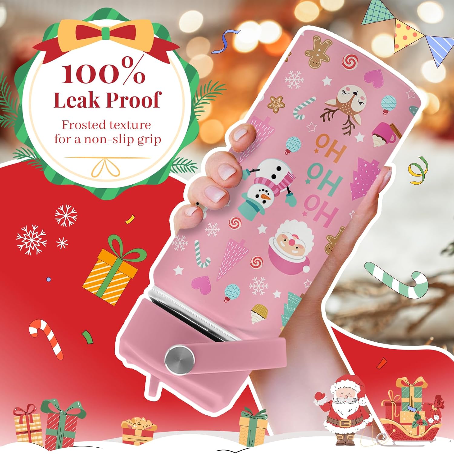 Pink Christmas Water Bottle - Pink Santa Claus 16oz Stainless Steel Water Bottle with Straw - Winter Holiday Insulated Cup for Girls - Xmas Snowman Kids Tumbler for School, Sports, Travel - Image 6