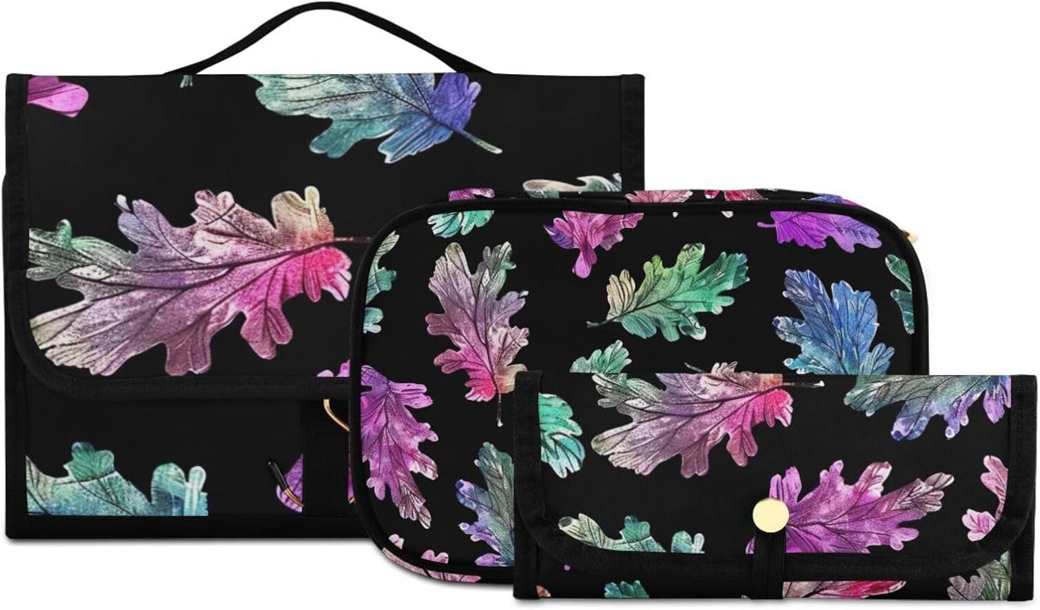 Colorful Leaves 3-Piece Hanging Toiletry Bags Set, Travel Toiletry Bag, Travel Accessories Makeup Brushes Organizer, Cosmetic Makeup Bag