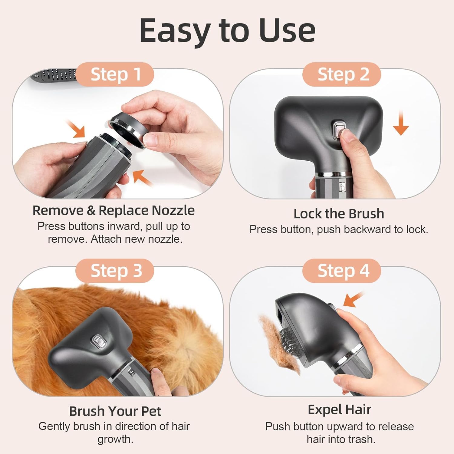 Dog Hair Dryer with Slicker Brush, High Velocity Pet Blow Dryer for Grooming, Low Heat Low Noise Dog Grooming Supplies for Home Use, Includes 4 Nozzles for Drying & Brushing, Gray - Image 7