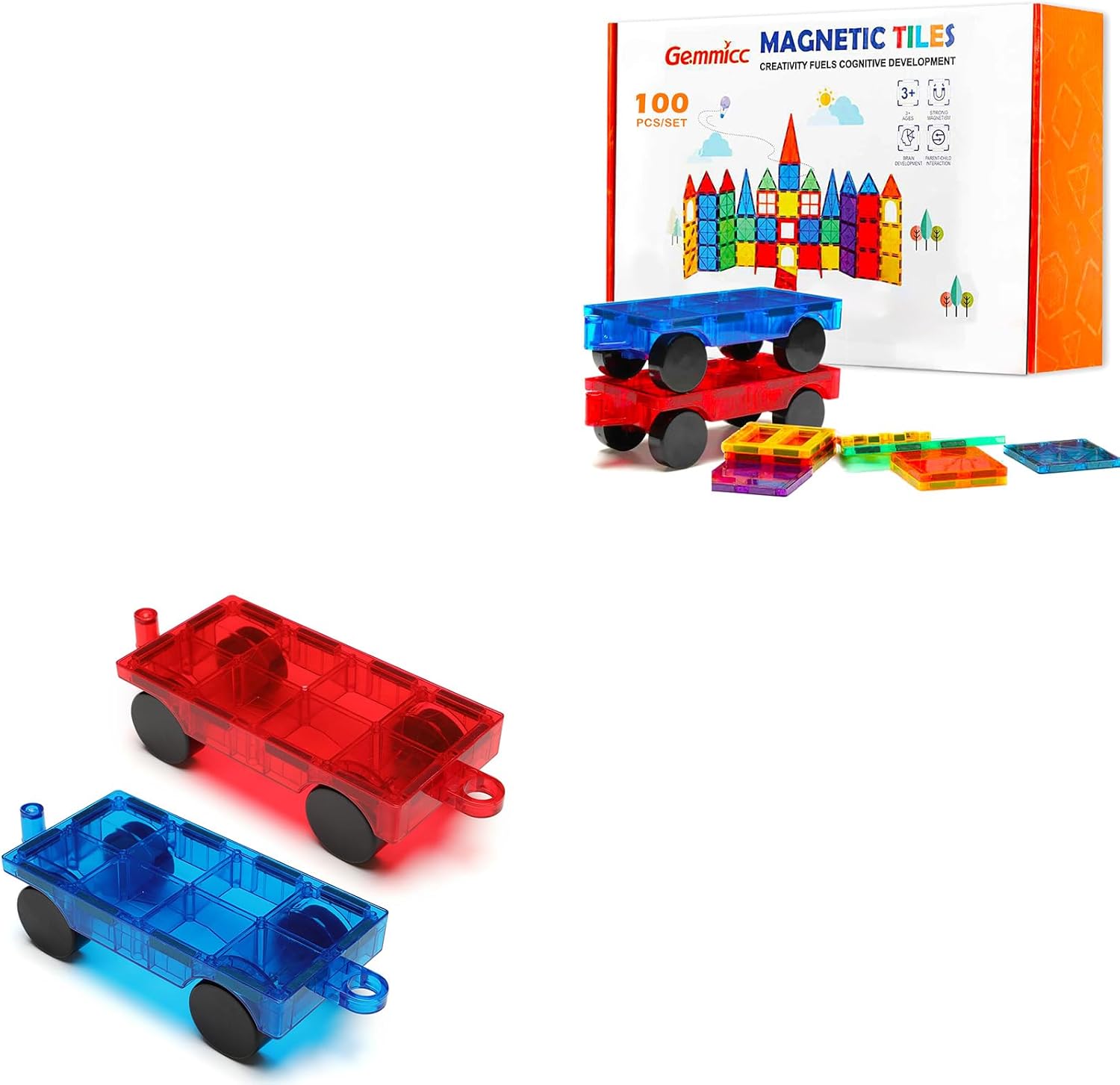Gemmicc 2PCS Magnetic Car + 100PCS Magnetic Tiles Set