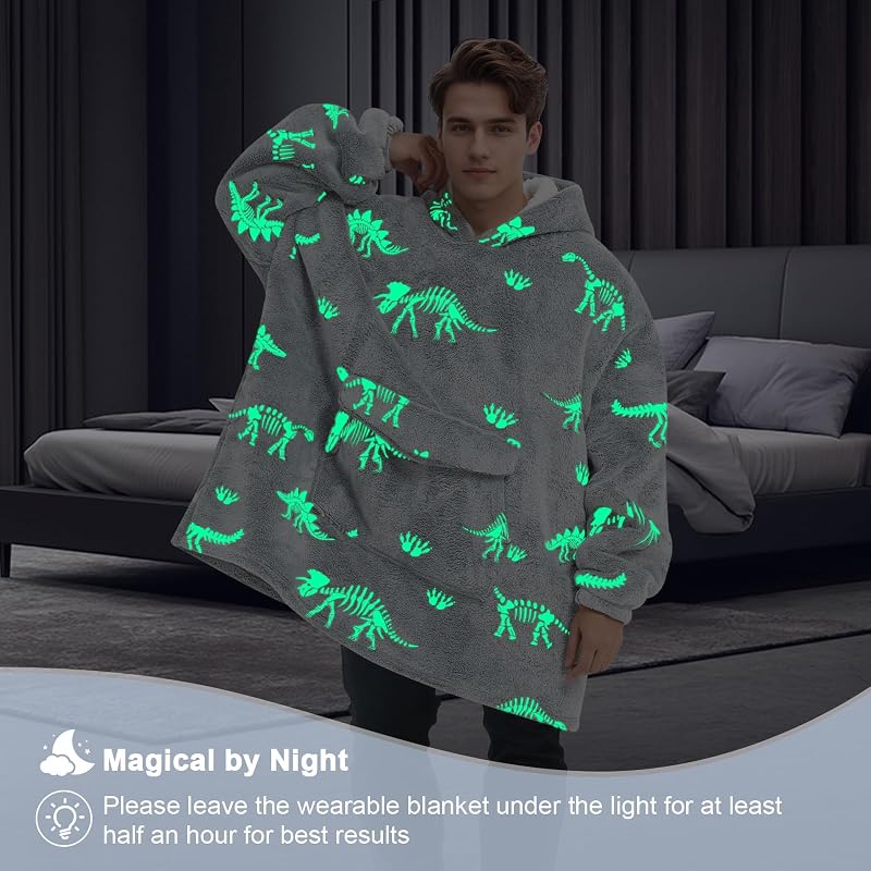 Mewkou Wearable Blanket Hoodie for Adult,Oversized Sherpa Fleece Blanket Hoodie for Women Men,Glow in The Dark Dinosaur Fossil image 2