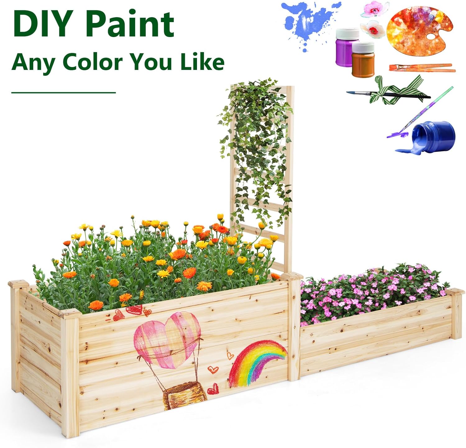 Giantex Raised Garden Bed with Trellis, Set of 2 Wood Shallow & Deep Planter Box for Climbing Plants Cucumber Vegetables Flowers Herbs Fruits, Easy Assembly, Outdoor Rectangular Floor Gardening Beds