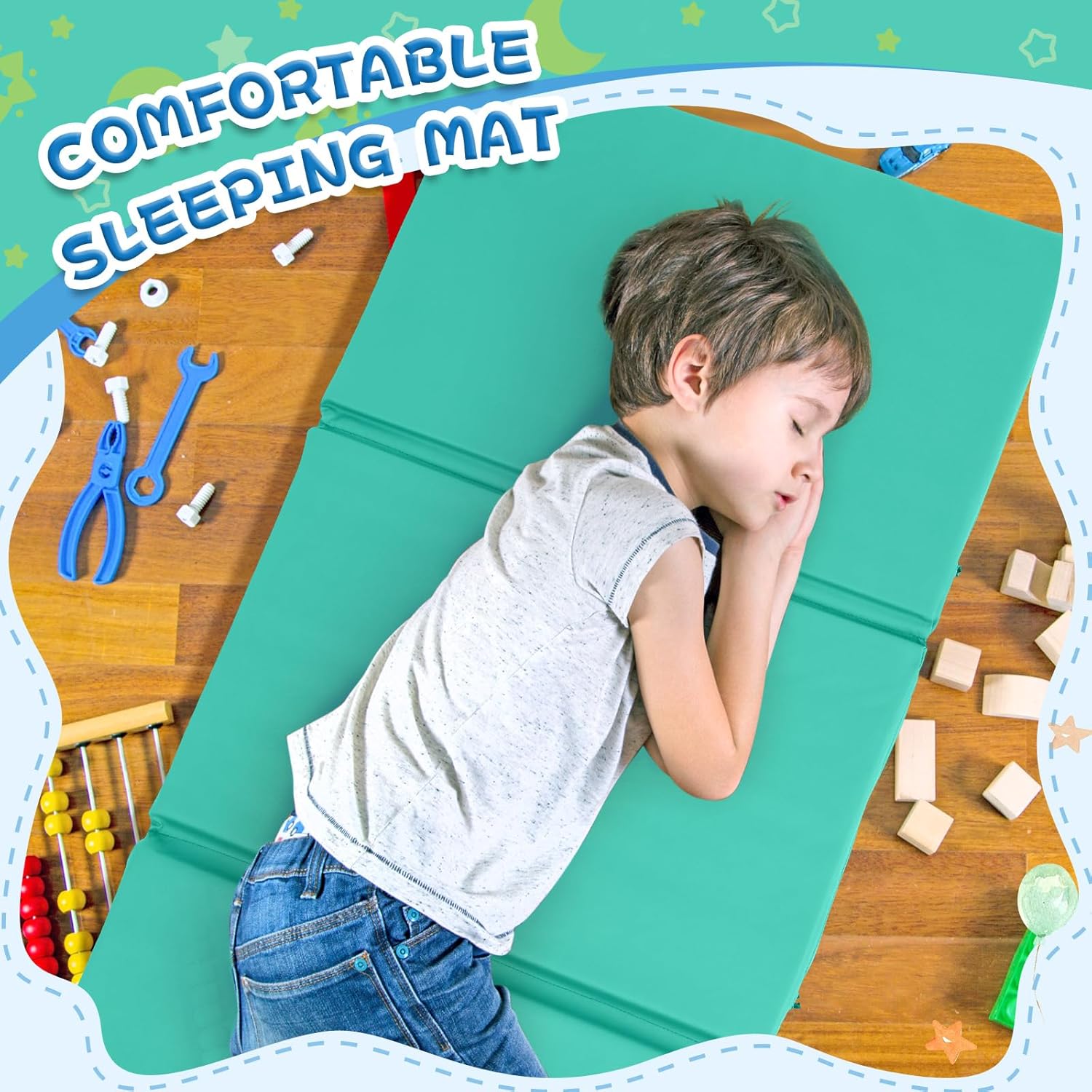 Wesiti 5 Pcs Nap Mats for Preschool 47 x 24" 1inch Thick Folding Rest Mat 4 Section, Sleeping Pad for Kids Children Daycare Nap School Classroom Kindergarten Daycare Travel Home, Bule Green