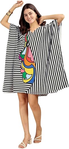 Label Aarna Muslin Cotton Kaftan Dress for Women/Digital Print/Free Size (M-3XL) / Hidden Adjustable Belt/Knee length/Fanc...