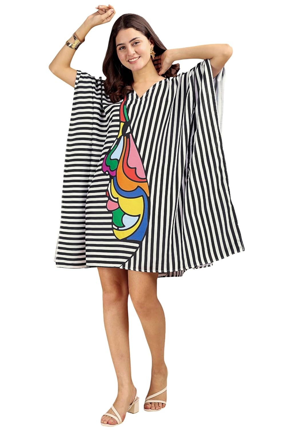 Label Aarna Muslin Cotton Kaftan Dress for Women/Digital Print/Free Size (M-3XL) / Hidden Adjustable Belt/Knee length/Fanc...