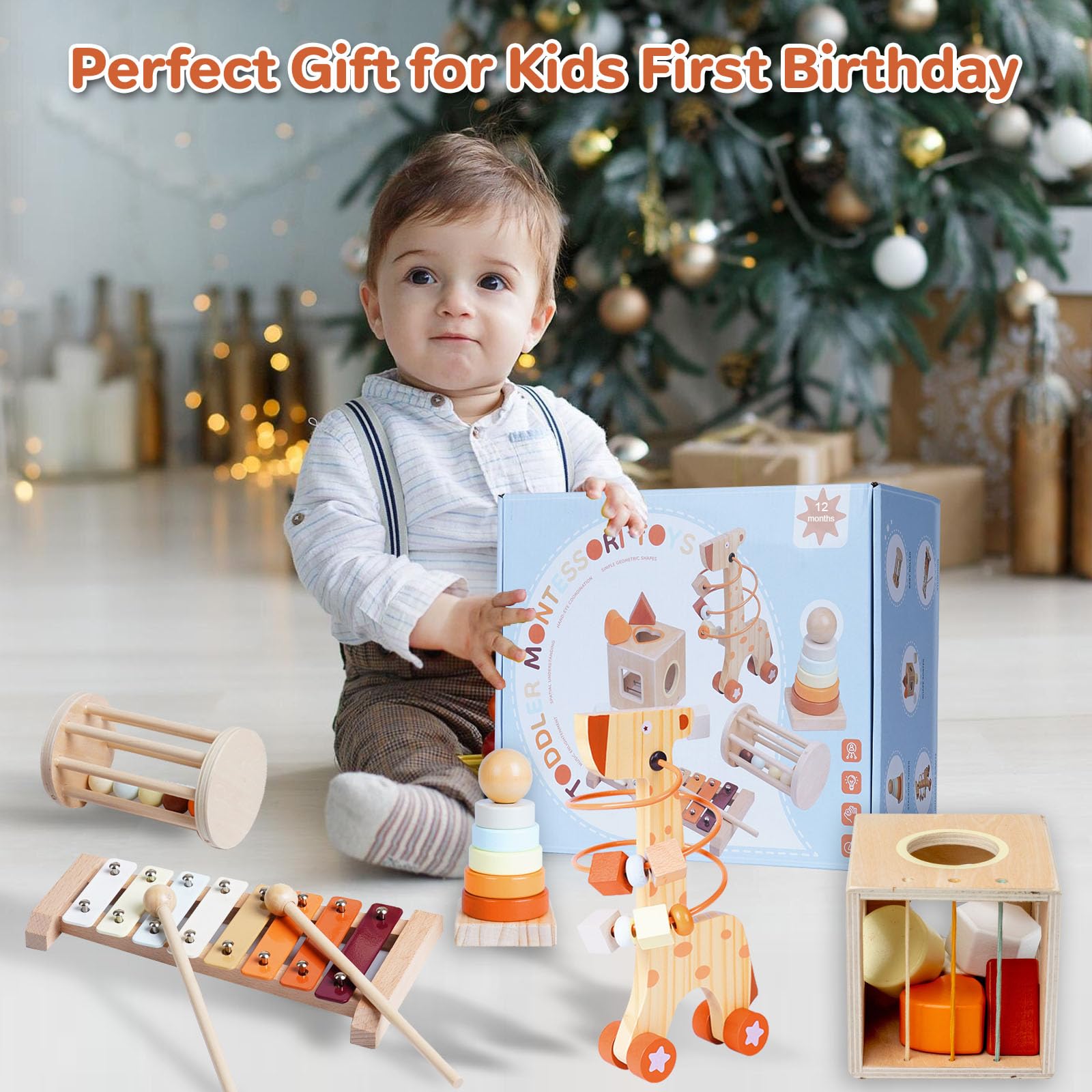 Giochi in Legno Montessori 5 in 1, Regali Bambini 1 Anno, Motricità Fine Bambini 1 2 3 Anni, Giocattolo Educativo Multiattività Bimbo con Torre Impilabile, Xilofono, Labirinto Perline