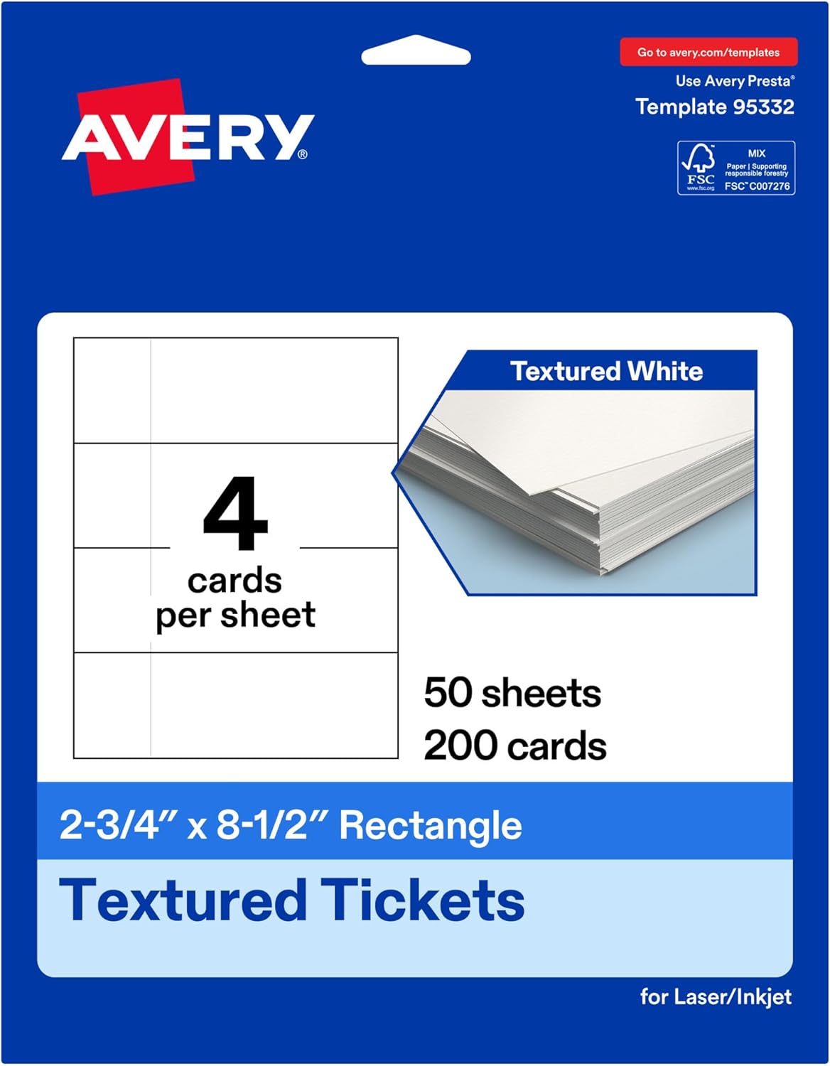Avery Printable Rectangle Tickets, 2.75" x 8.5", Textured Matte White, Laser & Inkjet Compatible, 200 Total, Great for Product Branding, Marketing, and More