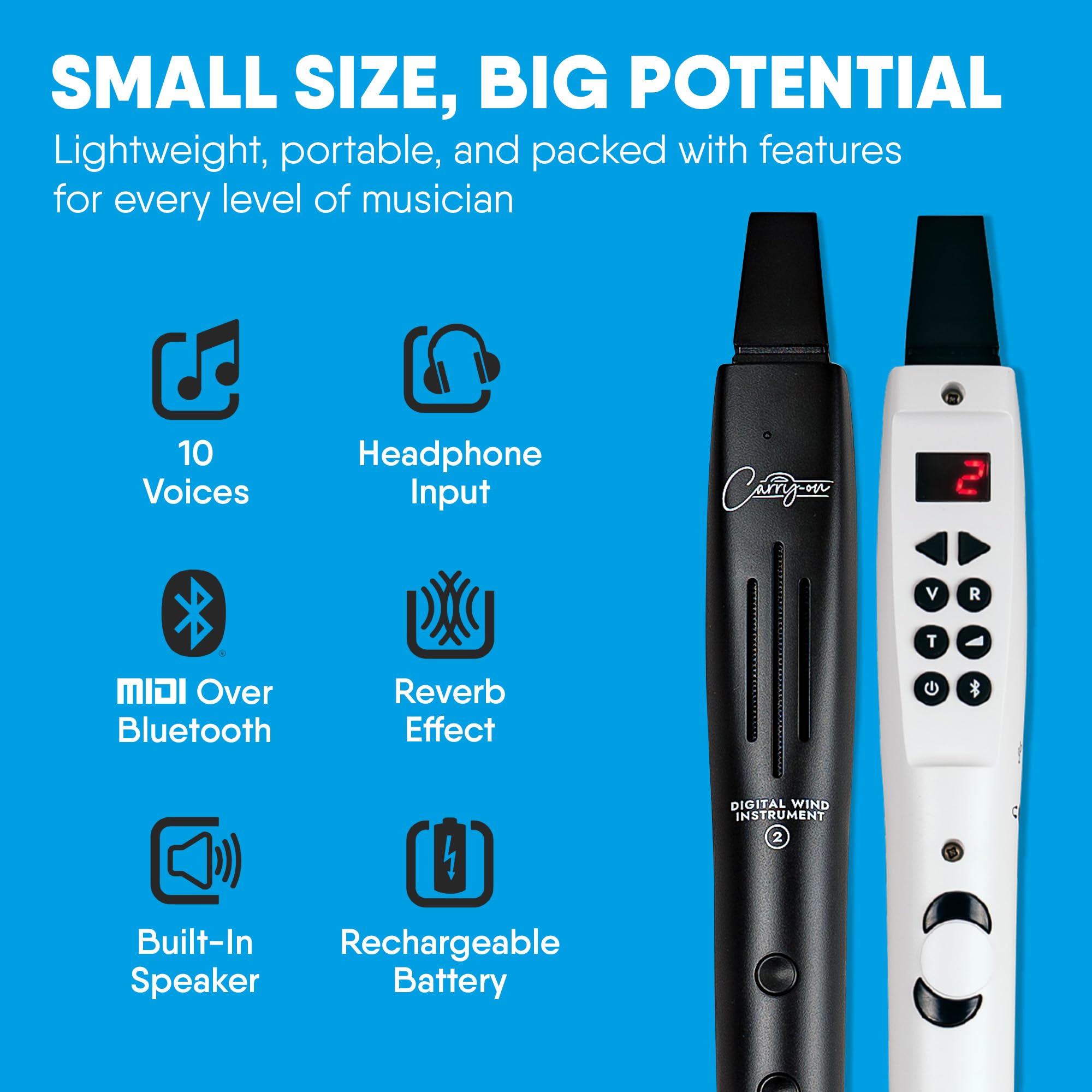 Carry-on Strumento a fiato digitale 2-10 voci, batteria ricaricabile USB integrata, uscita cuffie per pratica silenziosa, registratore digitale Midi Over Bluetooth nero