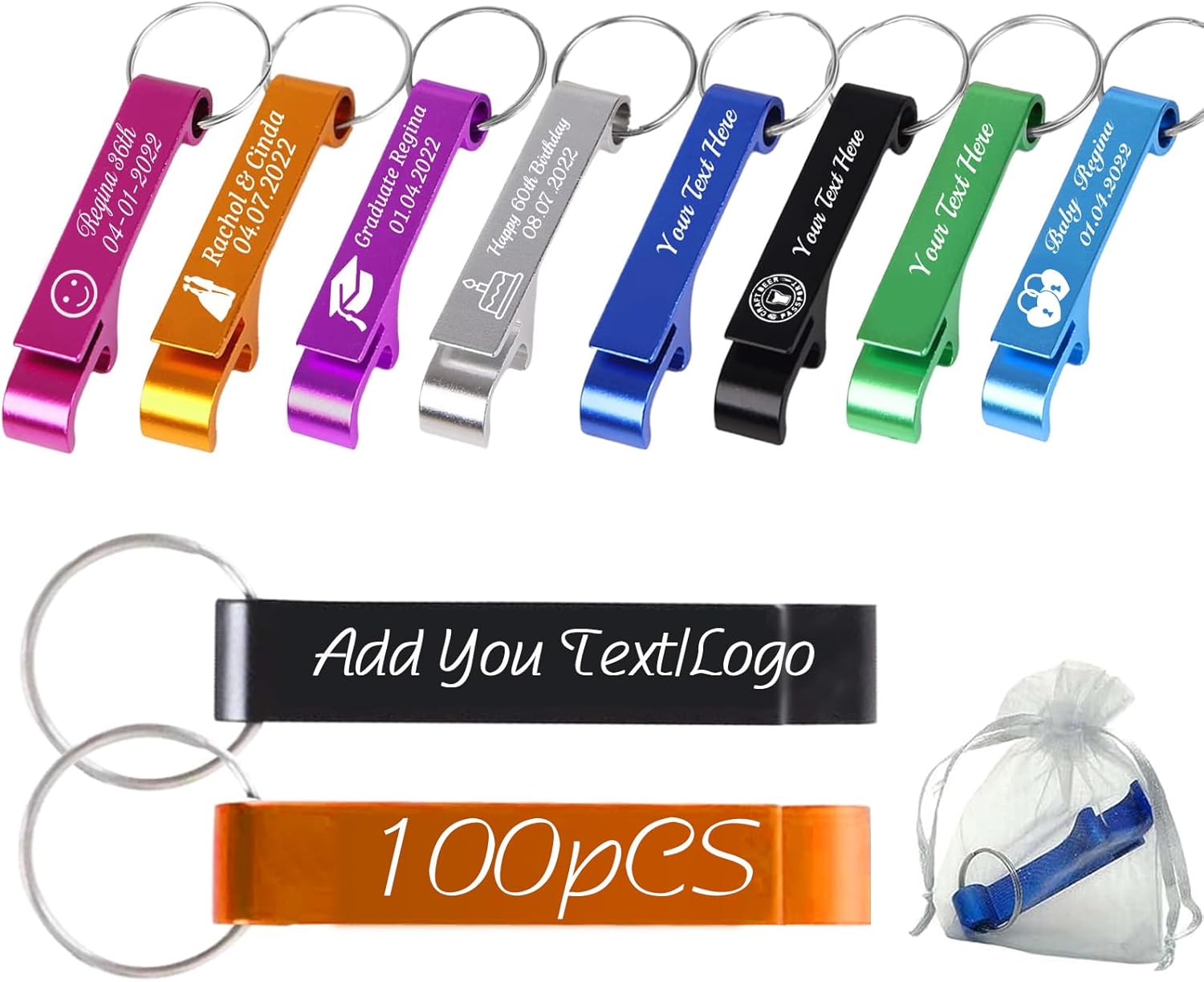 Personalized Bottle Opener Keychain Bulk, Custom Beer Bottle Opener Keychain with Text/Logo for Wedding Party Favor (100)