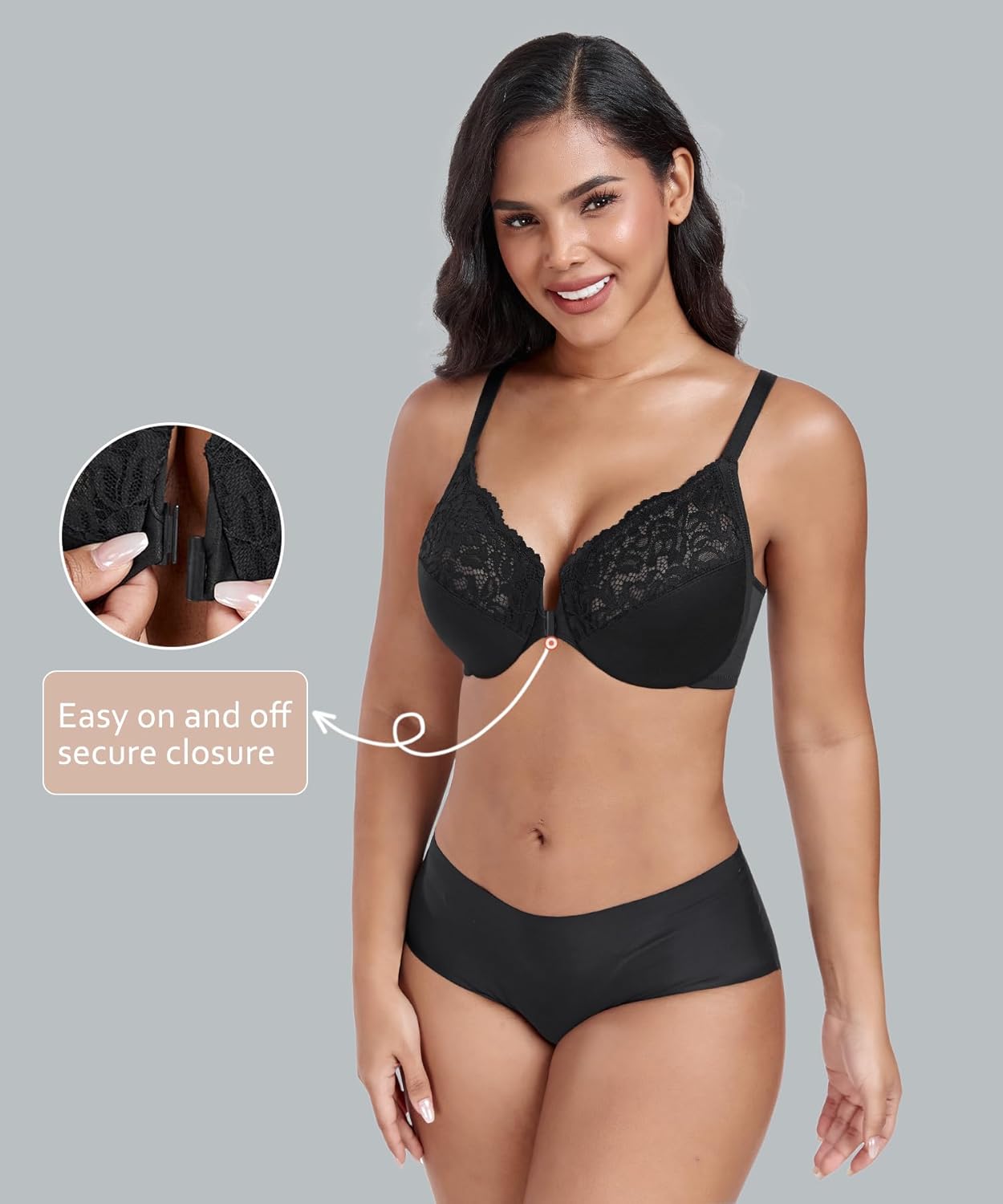 DotVol Women's Plus Size Flower Lace Front Closure T-Back Underwire Everyday Bra - Image 4