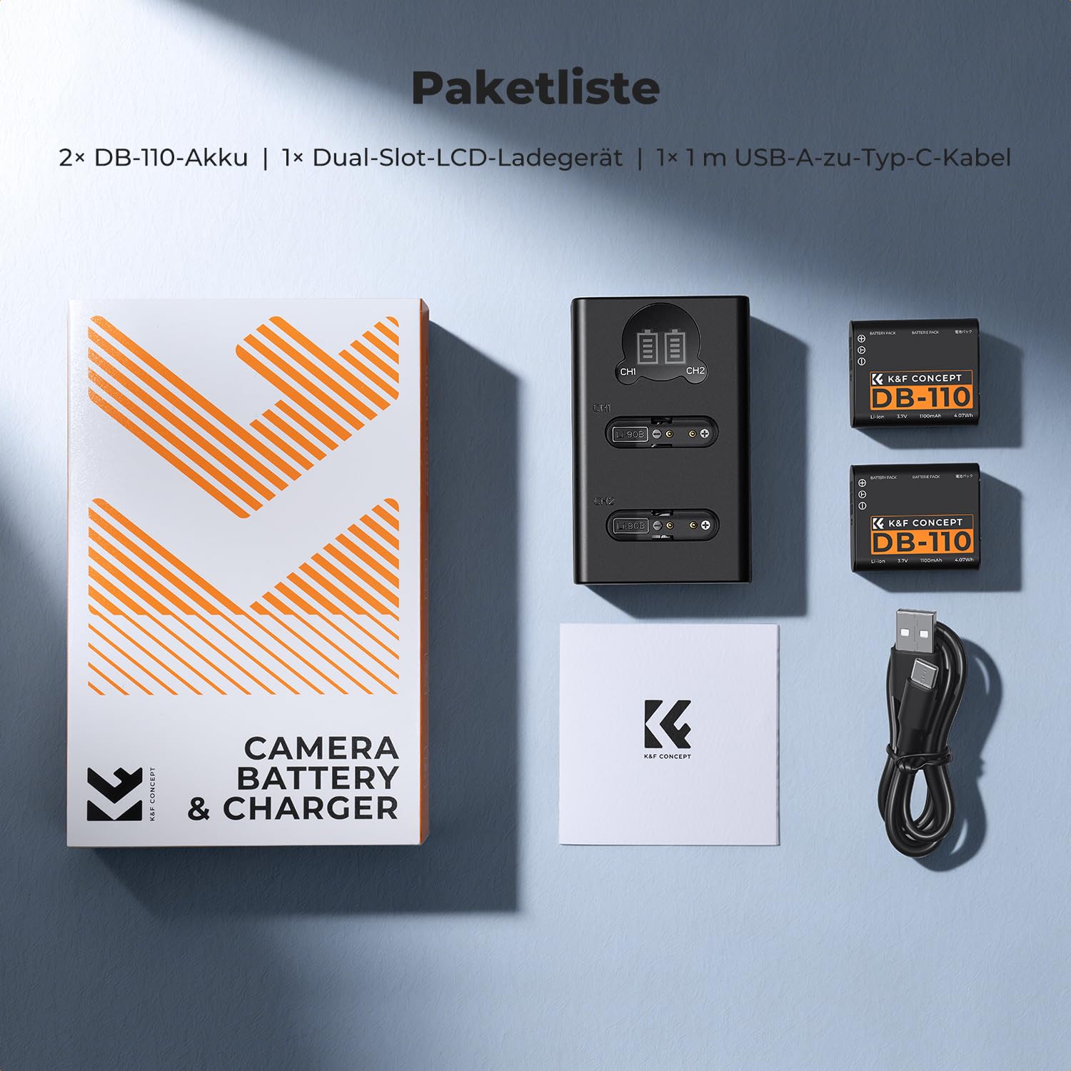 K&F CONCEPT 2er-Pack Ricoh DB-110 Akku 1100mAh mit Dual Slot LCD Ladegerät, Kompatibel mit Ricoh GR III, GR IIIx, Theta X, WG-6, G900 II, G900SE II, kompatibel mit Olympus TG7/6/5/4/Li-90B/Li-92B