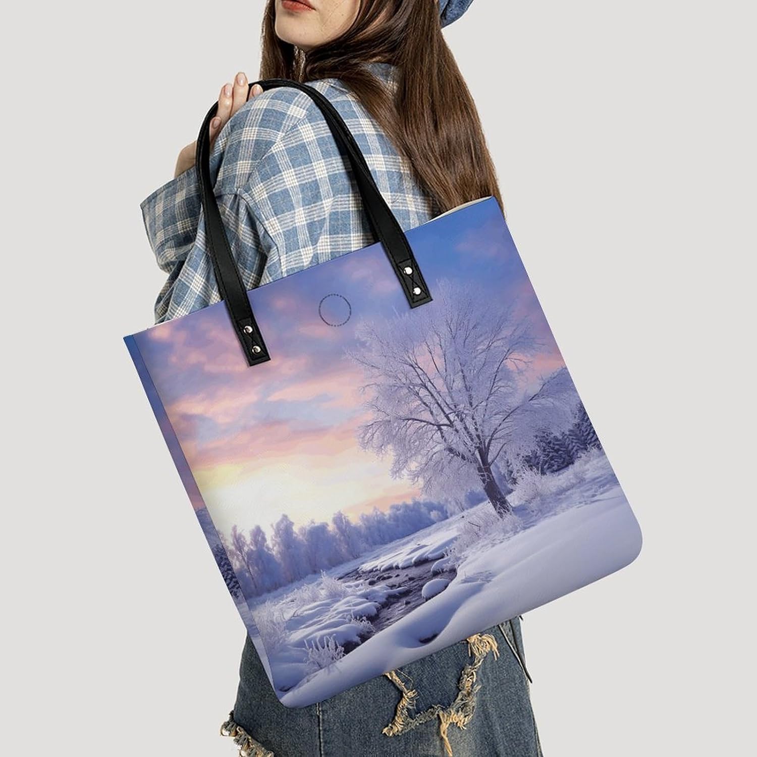 Winter Landscape Tote Bag with Magnetic Buckle Reusable Grocery Bags Lightweight Cross Body Handbag for Daily Essentials