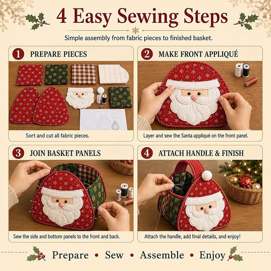 Cesta acolchada navideña, kit de cesta de almacenamiento de tela DIY, adorables personajes navideños, kit de costura DIY para decoración navideña, dulces (Set)