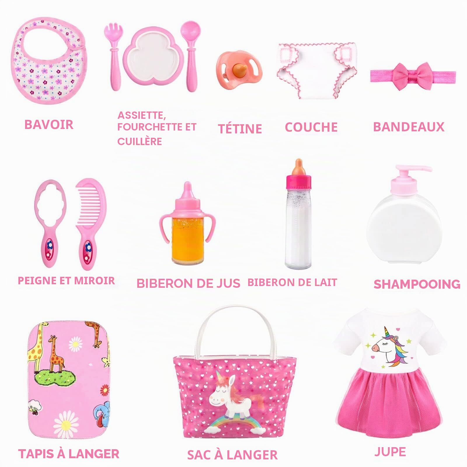 BNUZEIYI Accessoires pour Poupées - Kit d'alimentation et de Soins pour poupées avec Couche Sac a Langer Poupee et biberons pour Filles, Cadeaux Jouets vêtements pour poupée de 36-42cm et 18 Pouces