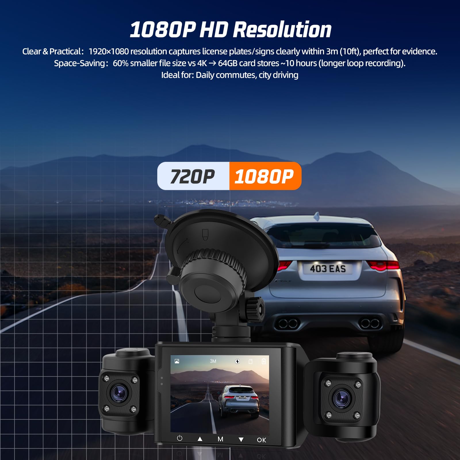Dashcam Voiture 3 Canaux avec Carte 64Go – Caméra Embarquée Avant & Intérieur, Full HD 1080P, Vision Nocturne, Parking Mode, Détection de Mouvement, Mini Cam Voiture Rotative