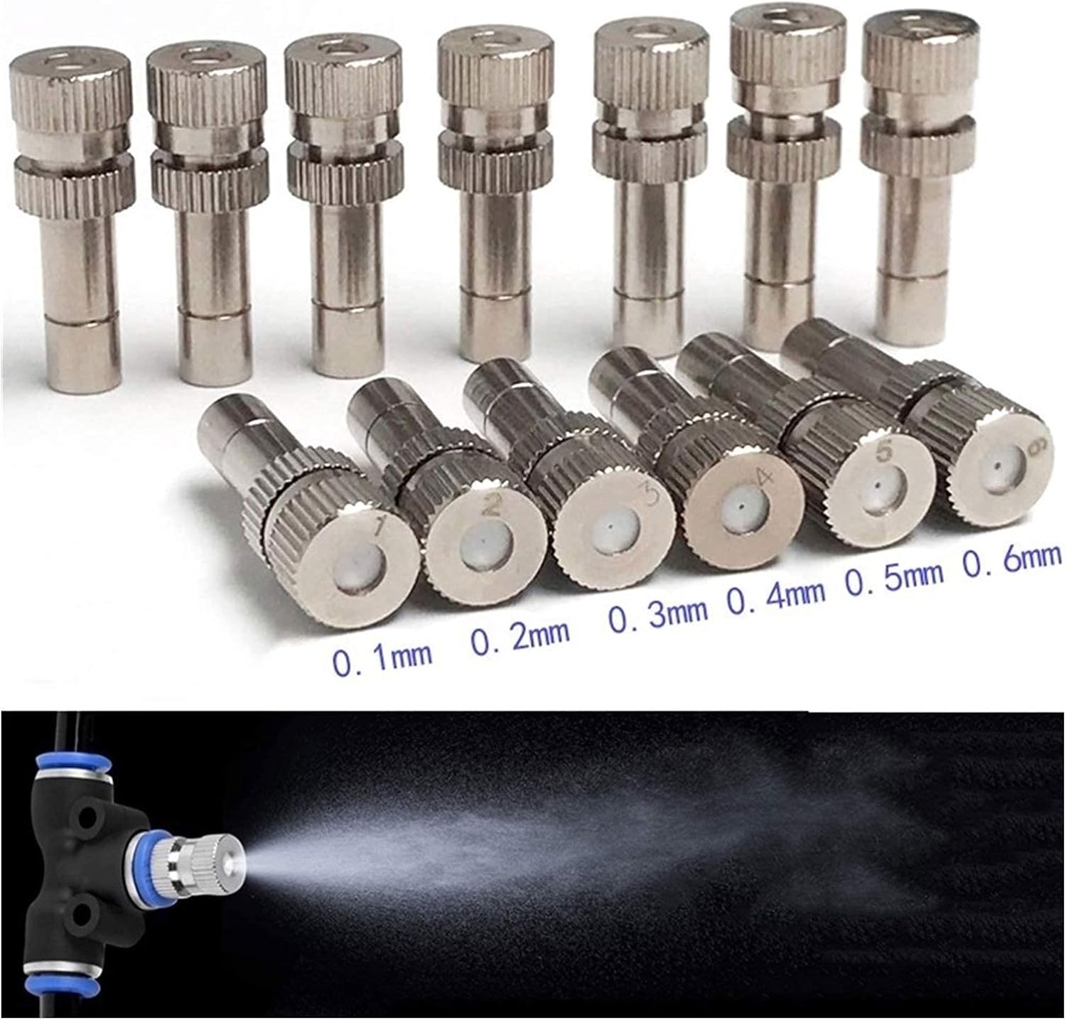 100pcs Misting Nozzles for Cooling System, 6mm Quick Connect Mister Heads, Water Mister Nozzles, Stainless Steel Sprinkle Fog Nozzles for Patio Garden 0.004-0.024Inch Sprayer Irrigation Tool Kit