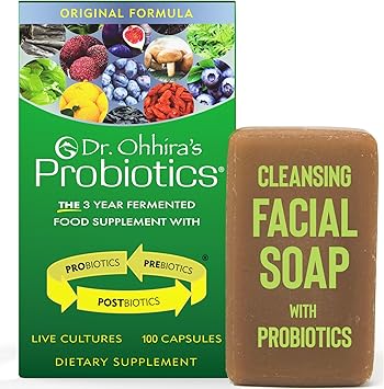 Dr. Ohhiras Probiotics Original Formula 100 Capsules with Bonus Beauty Bar Soap Travel Size 20g - No Refrigeration Supplement for Women and Men, 13 Probiotic Strains