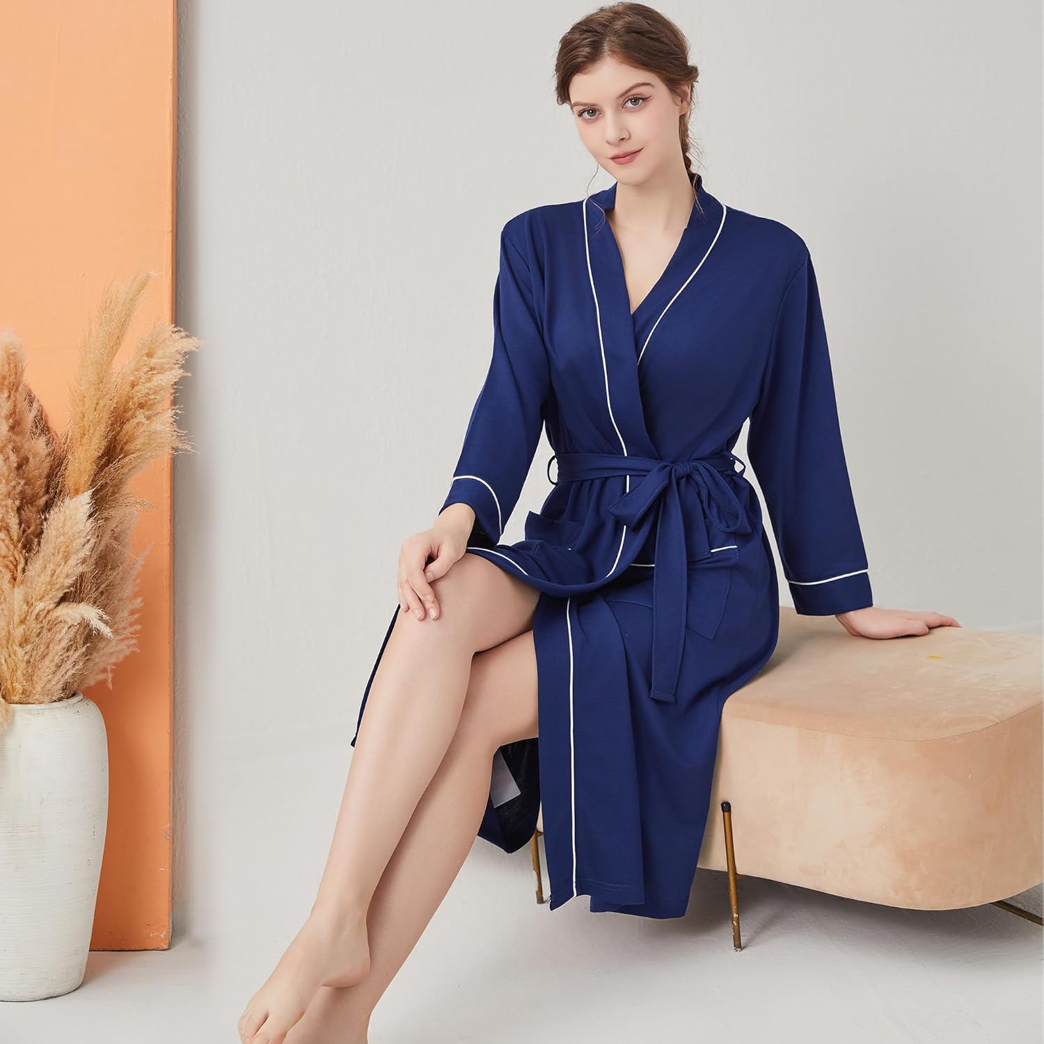 Womens Lightweight Robe, Knit Kimono Robe for Women Spa Cozy Sleepwear Knee Length Bathrobe with Pockets - Image 5
