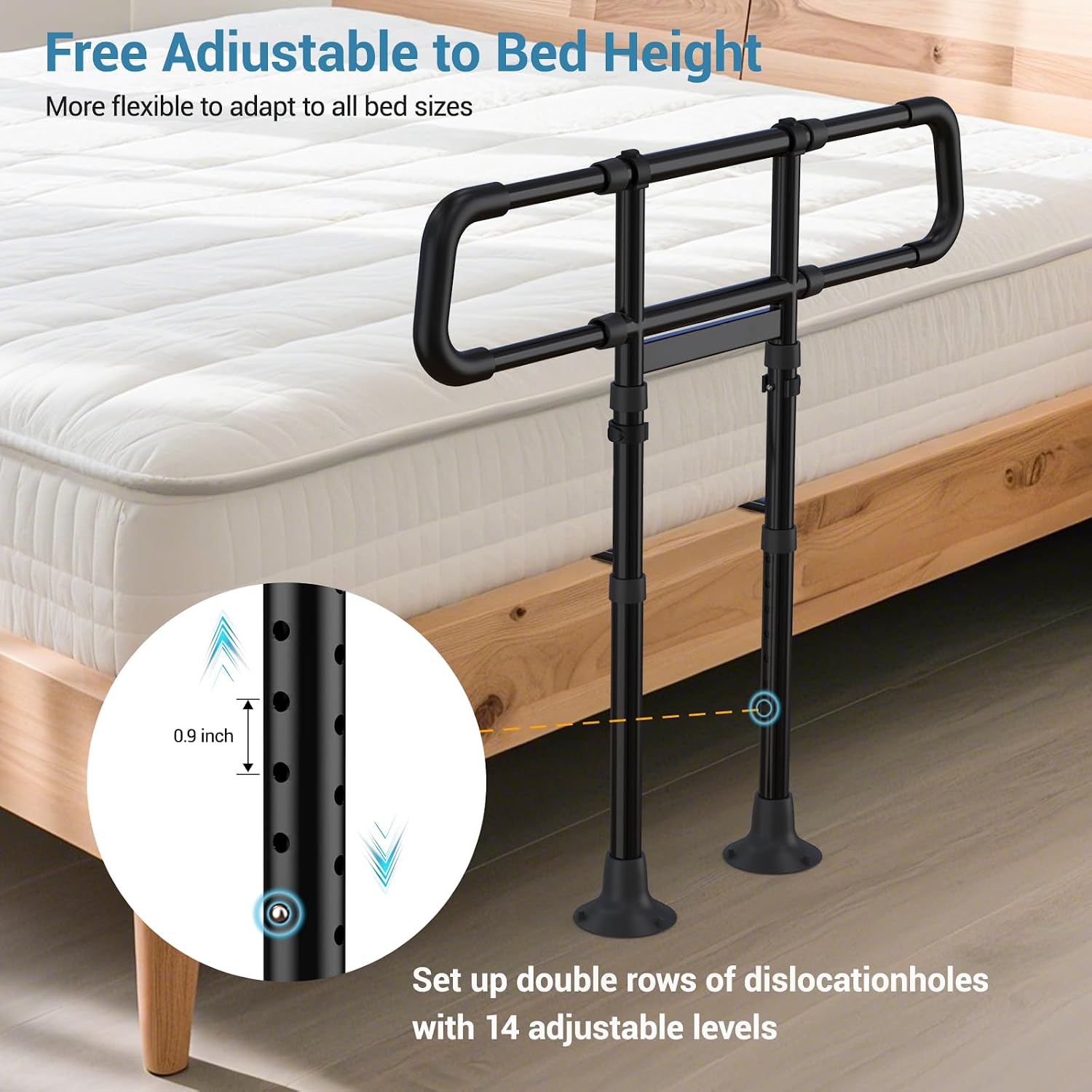 Bed Rails for Elderly Adults Safety - 2026 Upgraded & ASTM Compliant Adjustable Bedside Assist Rail, Motion Sensor Night Light, 400LB Support Bed Cane, Fits King, Queen, Full & Twin Beds
