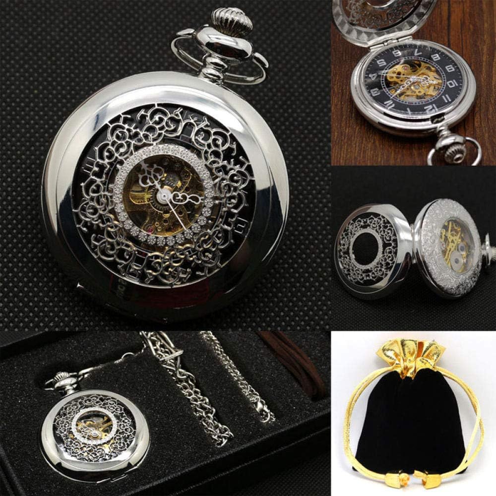 OIFMKC Pocket Watch Fashion Hollow Flower Silver Hand Winding Mechanical Pocket Watch Mens Womens Box Bag
