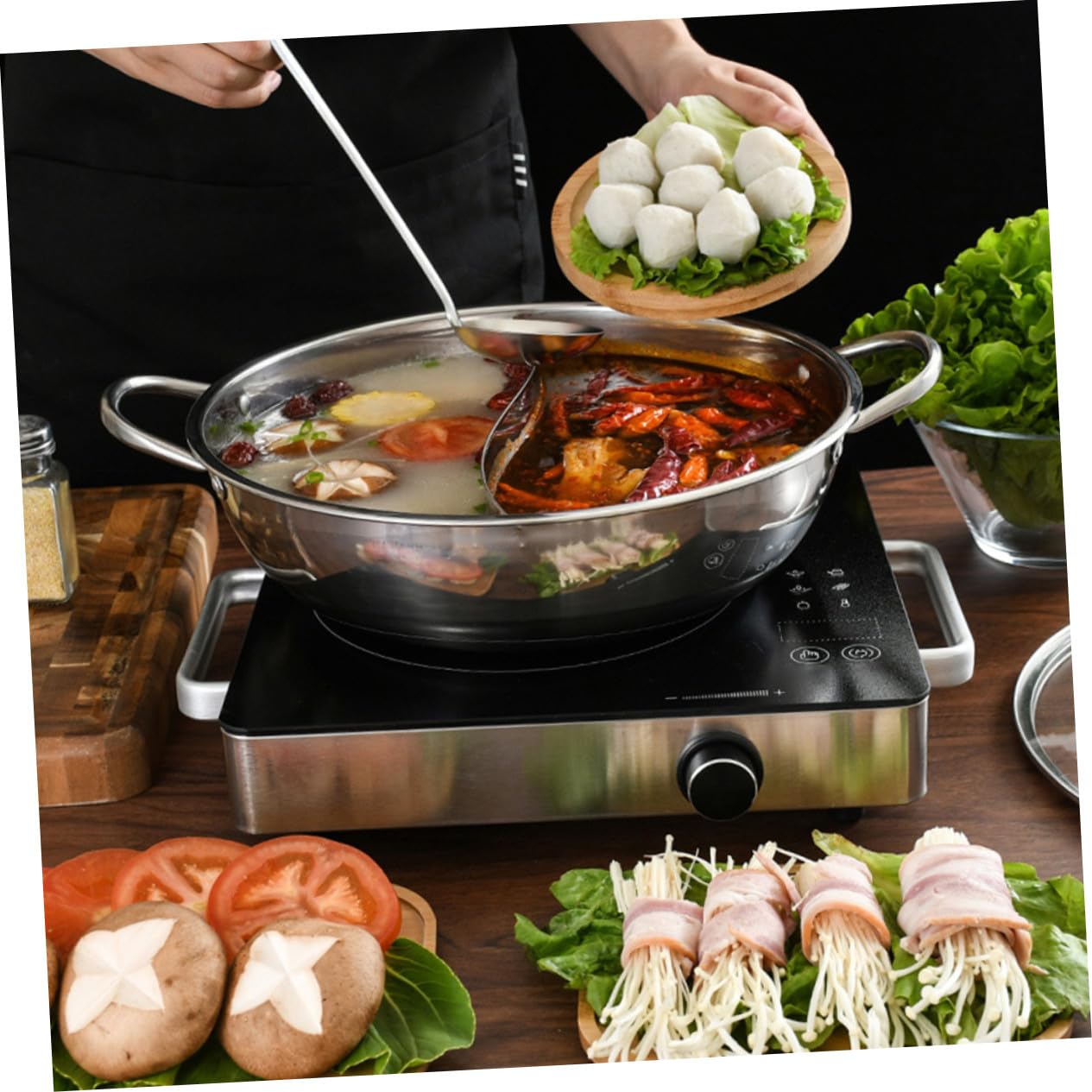 Toyvian Marmite à Fondue Chinoise Inox 32 Cm Double Saveur Avec Passoire En Acier Inoxydable, Compatible Gaz Et Induction, Batterie Cuisine Pour Repas Convivial En Intérieur, Ensemble 4 Pièces