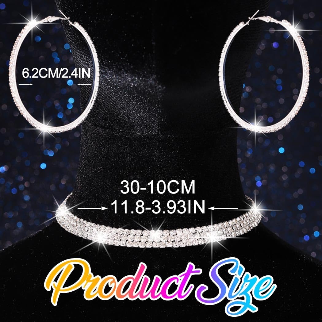 Nicute Rhinestone Necklace Jewelry Set Silver Necklace and Hoop Earrings Crystal Wedding Choker Jewelry for Women - Image 5