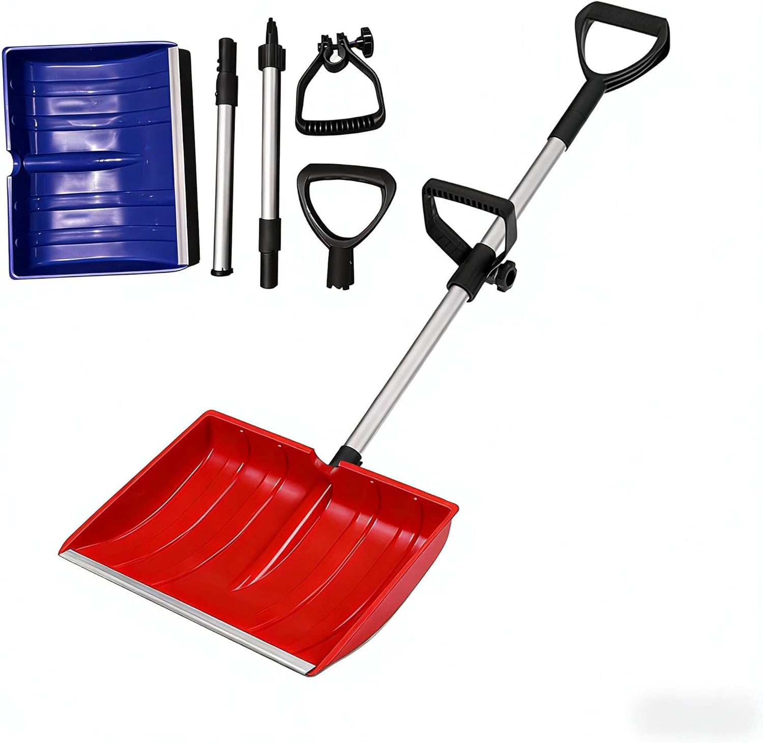 Detachable Large Snow Shovel with 41cm Wide Blade – Ergonomic Dual Handle, Aluminum Wear Strip, Portable Plastic Snow Shovel for Driveway, Sidewalk, Heavy Snow Removal (Blue/Black/Red/Orange) (Red)