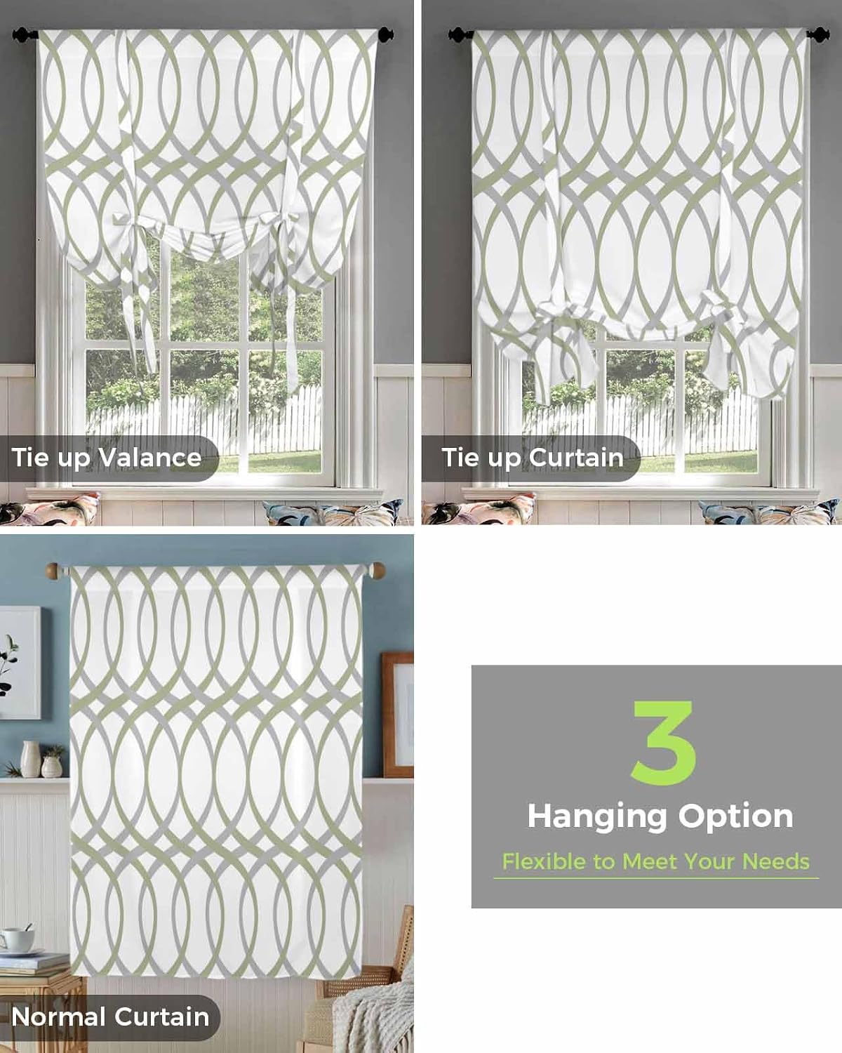 SEVENBABU Tie Up Curtains for Windows 52 Wide Tie Up Curtains Polyester Tie Up Valance Abstract Lines Sage Green Balloon Window Shade Curtains for Kitchen Bathroom Small Windows 52"x63"