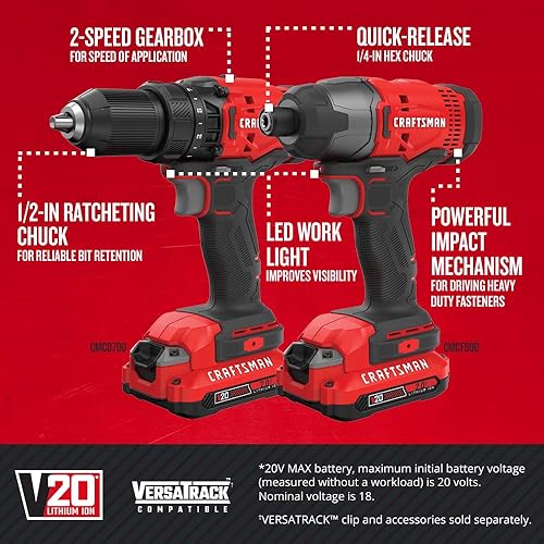 Miniatura 2 de CRAFTSMAN V20 MAX - Taladro inalámbrico y destornillador de impacto, kit de herramientas eléctricas con 2 baterías y cargador (CMCK200C2) y batería