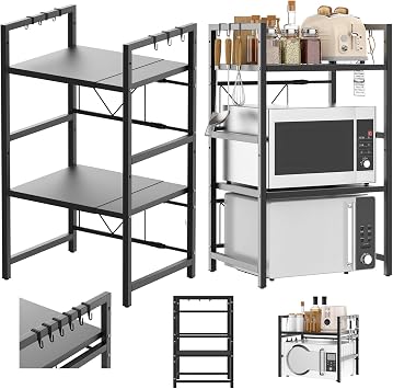 Lucn 3 Tier Expandable Microwave oven Rack Stand Storage Kitchen Corner Shelf Hold Expandable Rack Stand Storage Corner Holder Kitchen Microwave oven Shelf with 6 Hooks