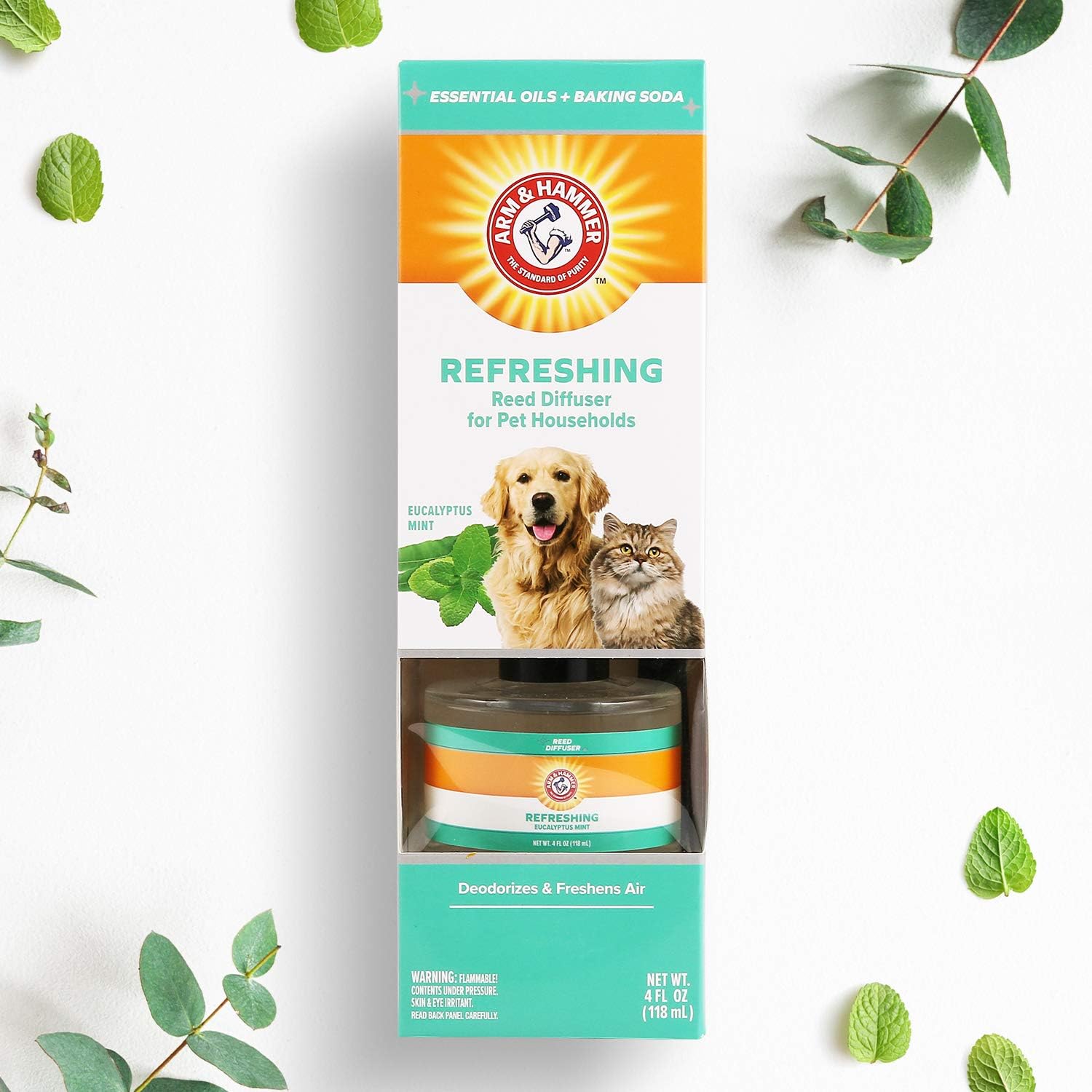 Arm & Hammer for Pets Air Care Reed Diffuser for Pet Odor Elimination | 4 Oz Air Freshener Pet Deodorizer with Baking Soda for Pet Households Eucalyptus Mint Reed Diffuser