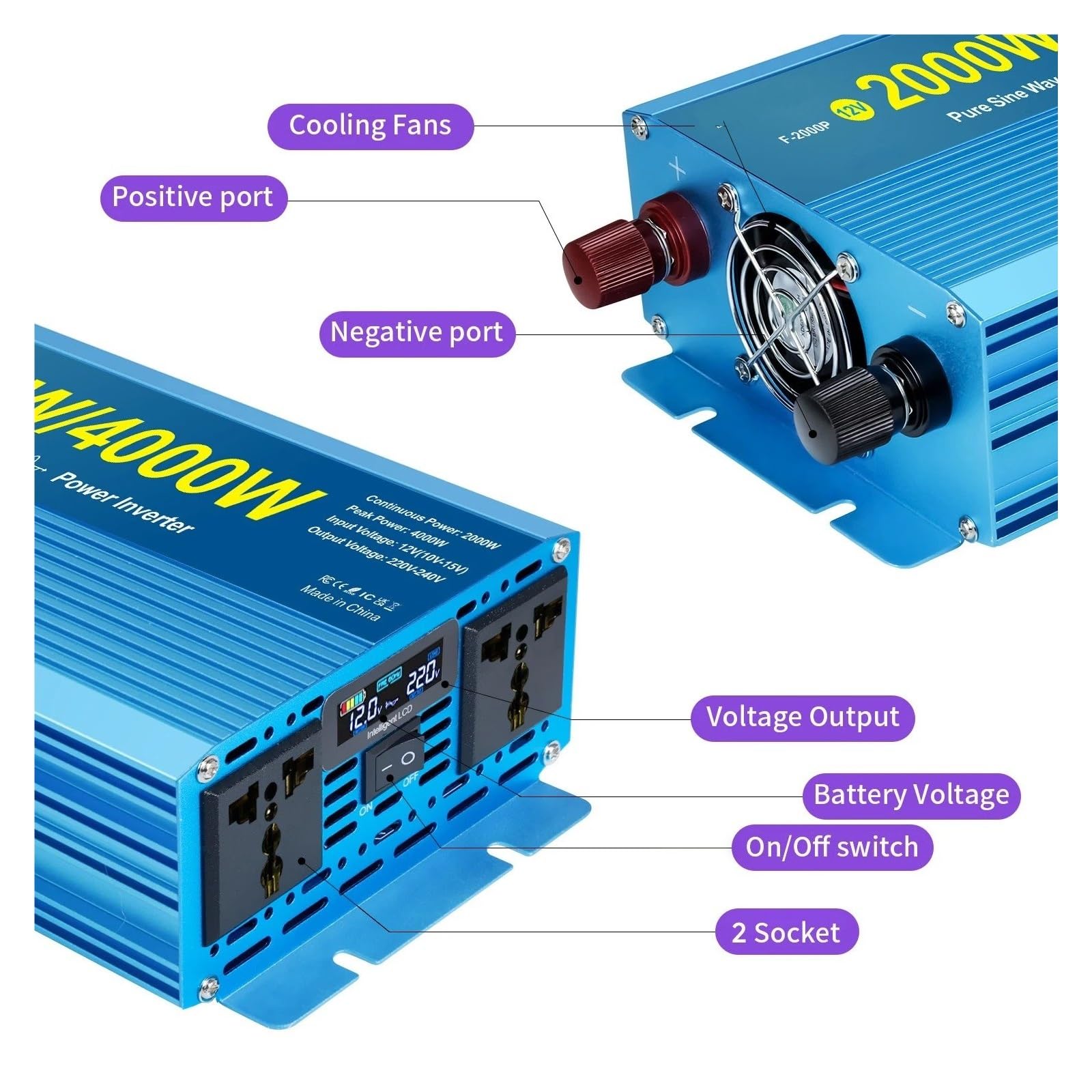 Inversor Corriente Onda Sinusoidal Pura 2 Tomas Convertidor Potencia Congelador Hervidor Ventilador Suministro Energía Eléctrica Doméstica 4000 W(12V,220V Universal,5000W Peak)
