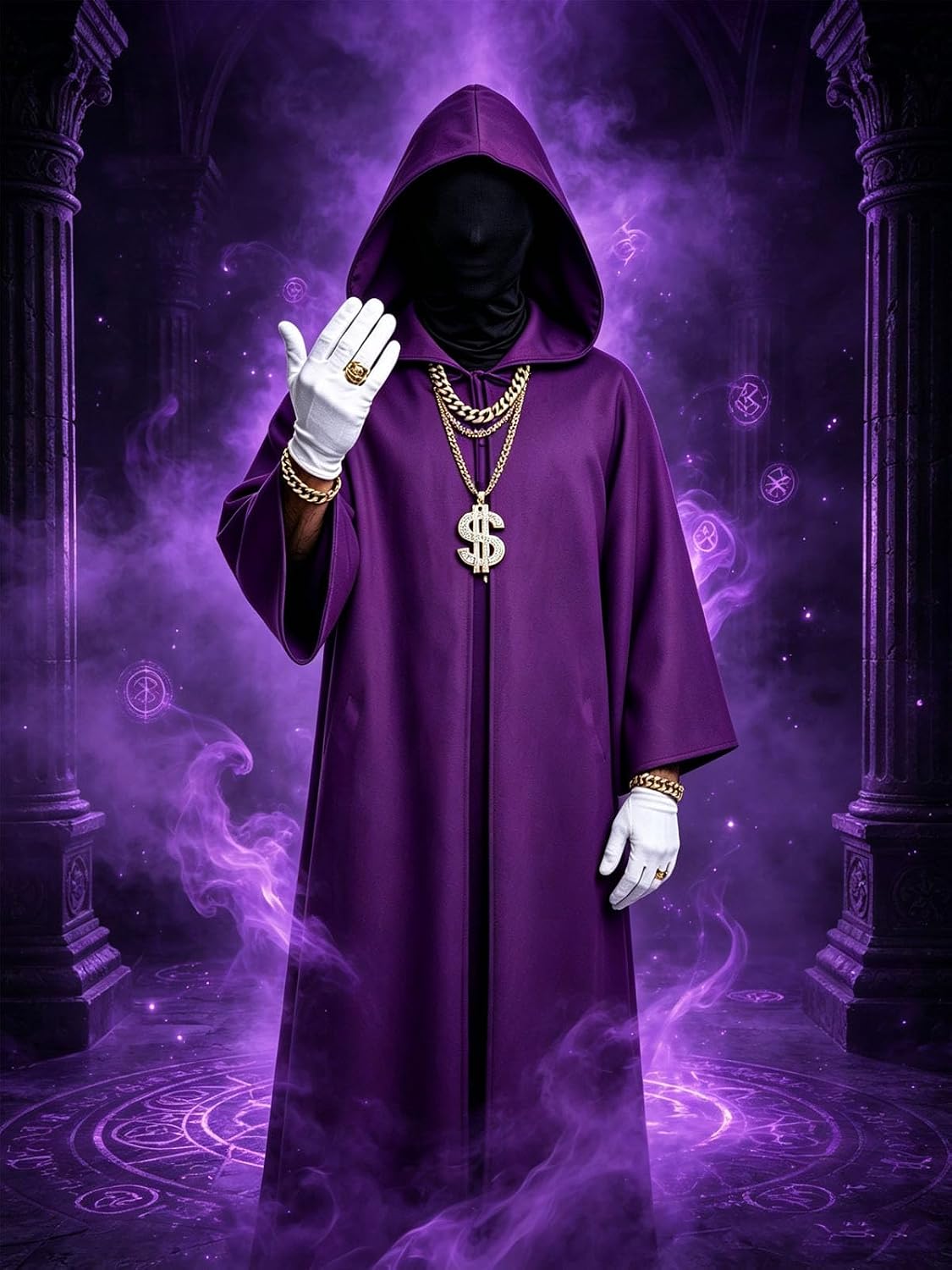YLYGJGL Men Hooded Robe Halloween Cosplay Set with Mask, Gloves & Gold Hip‑Hop Accessories