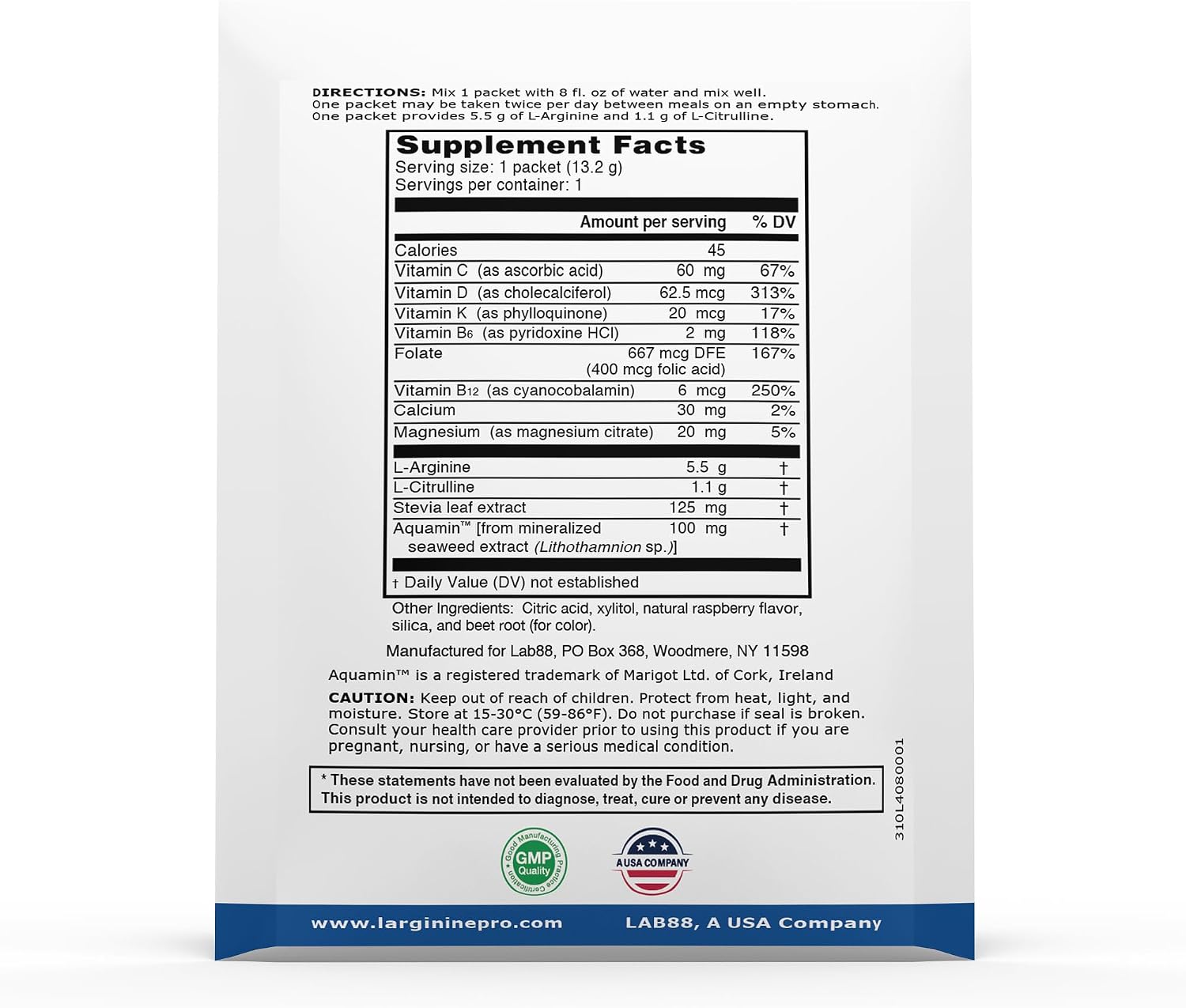 | 5,500mg L-Arginine Plus L-Citrulline 1,100mg Raspberry Powder Drink Mix Supplement for Increased Nitric Oxide Production